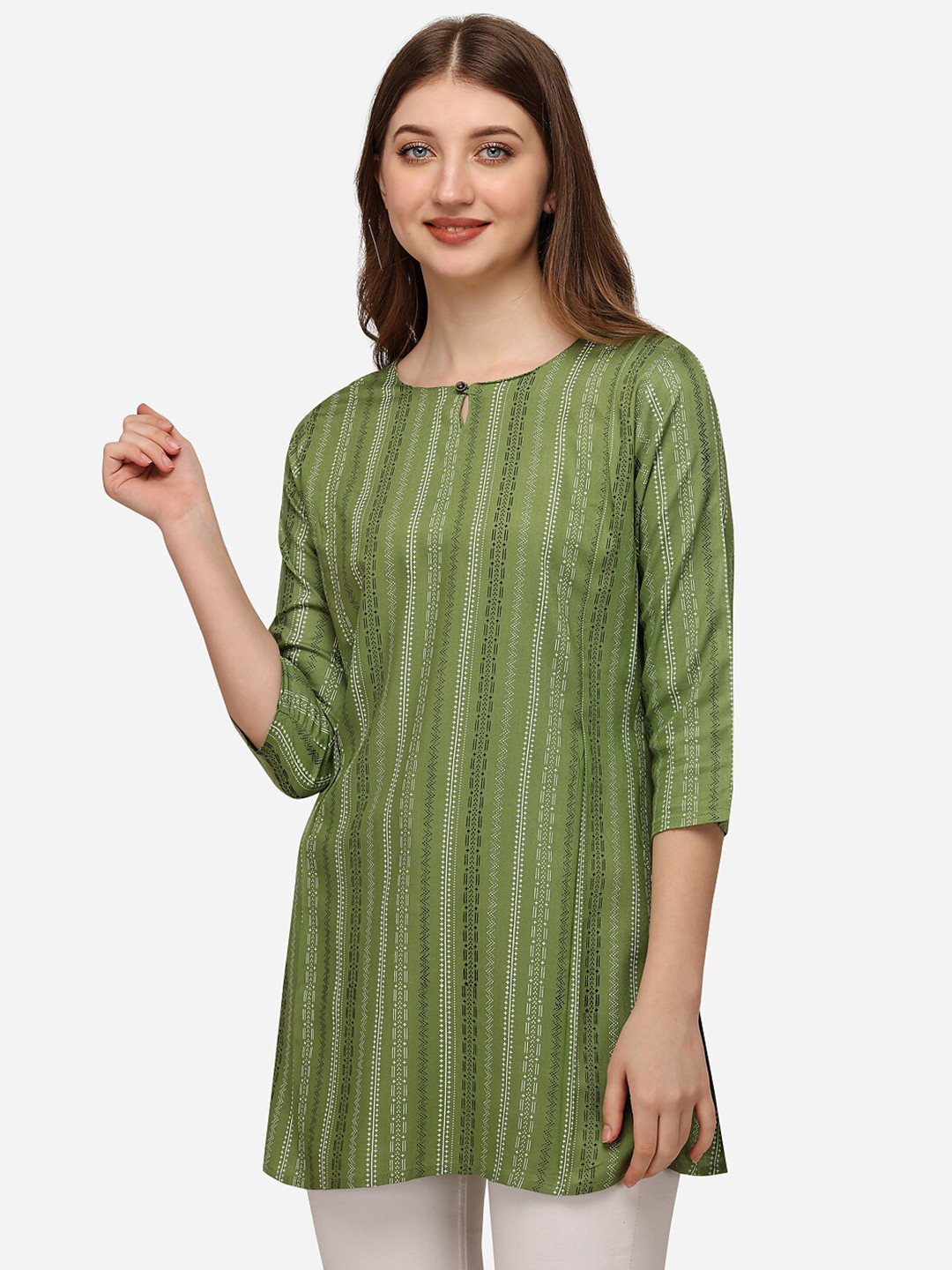 HERE&NOW Green & olive branch Keyhole Neck Printed Short Kurti