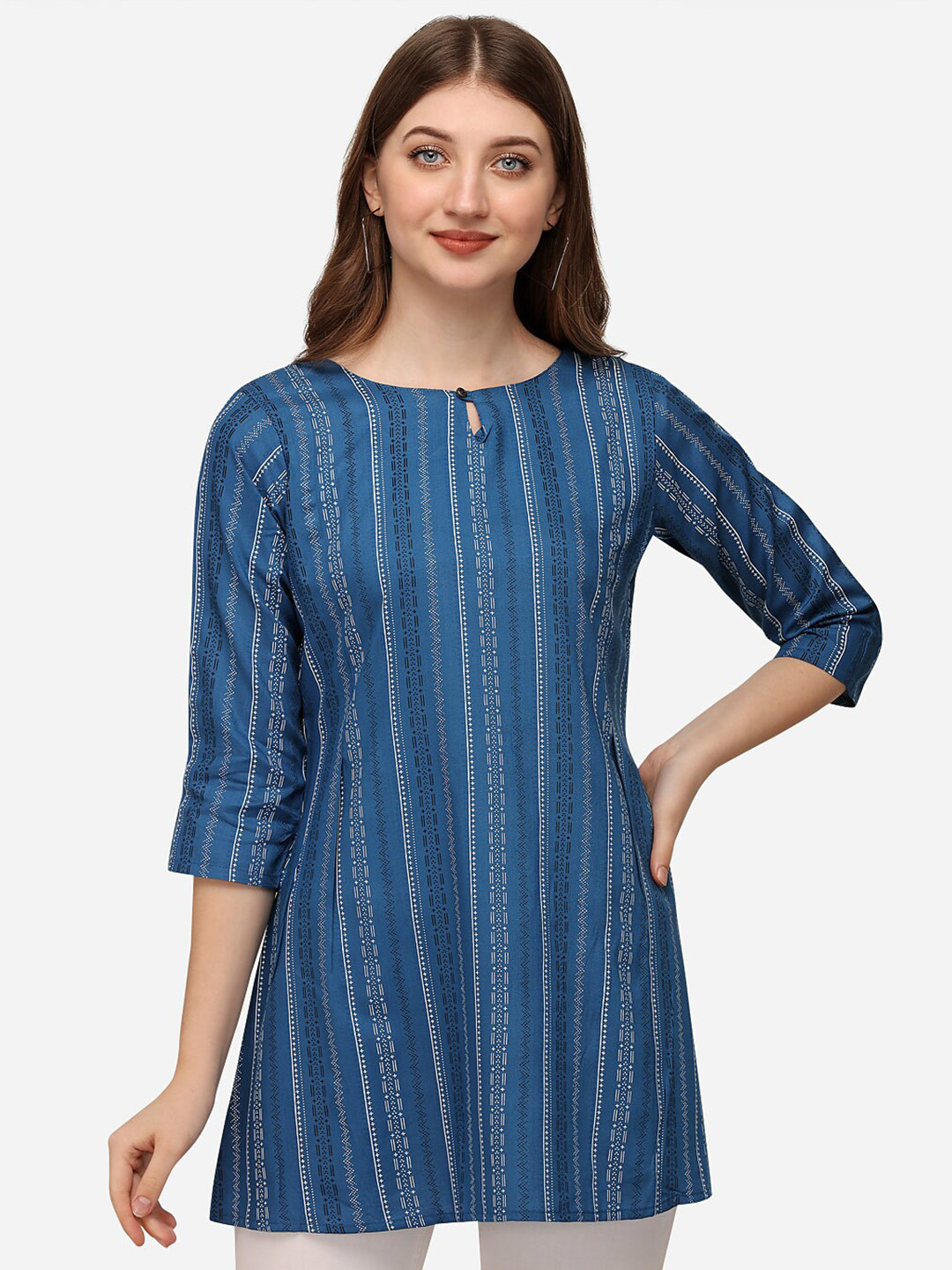 HERE&NOW Blue & White Striped Keyhole Neck Short Kurti