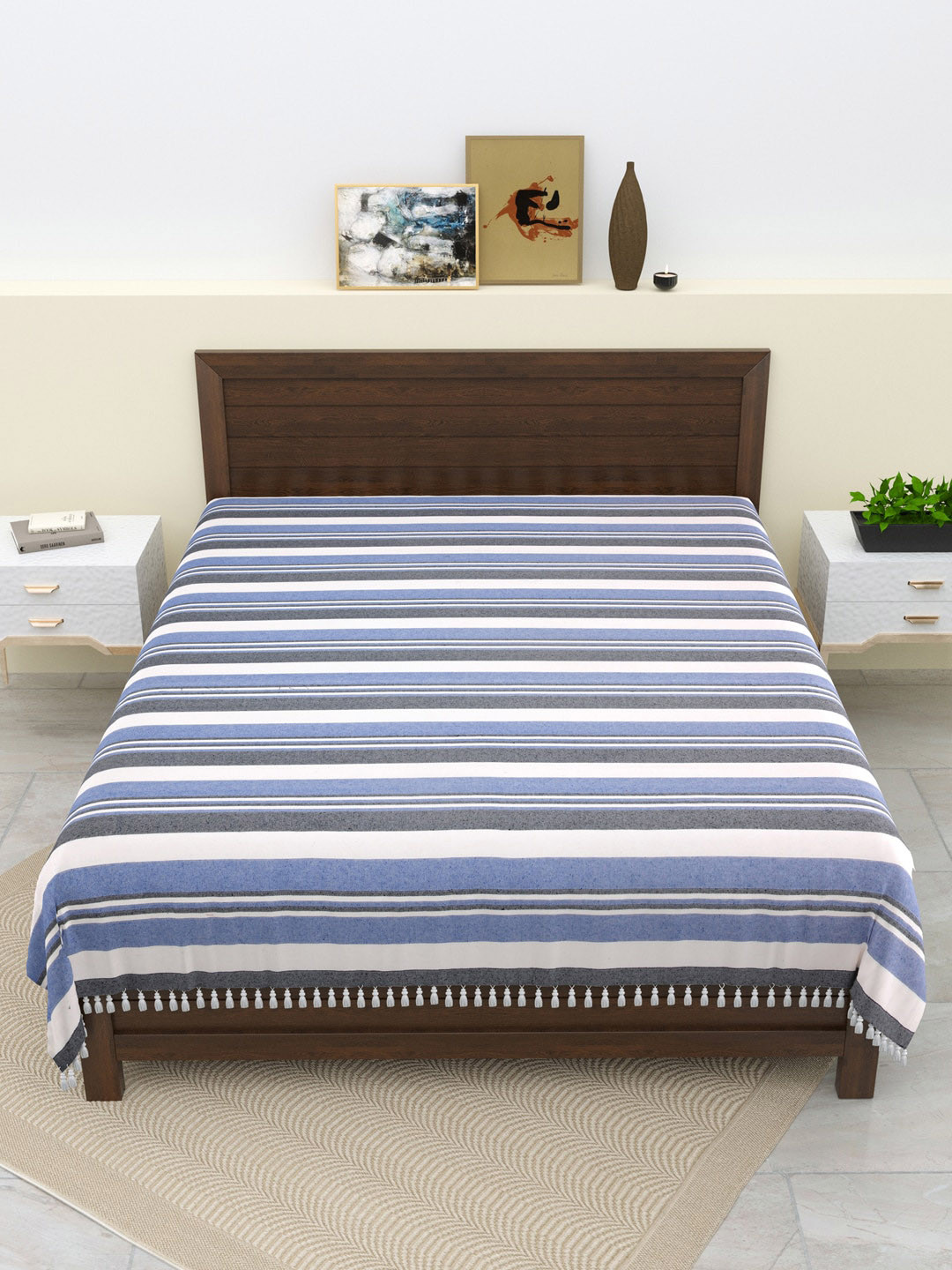 Varde Blue & White 120 TC Striped Pure Cotton Double King Bedcover 2.5m x 2.2m