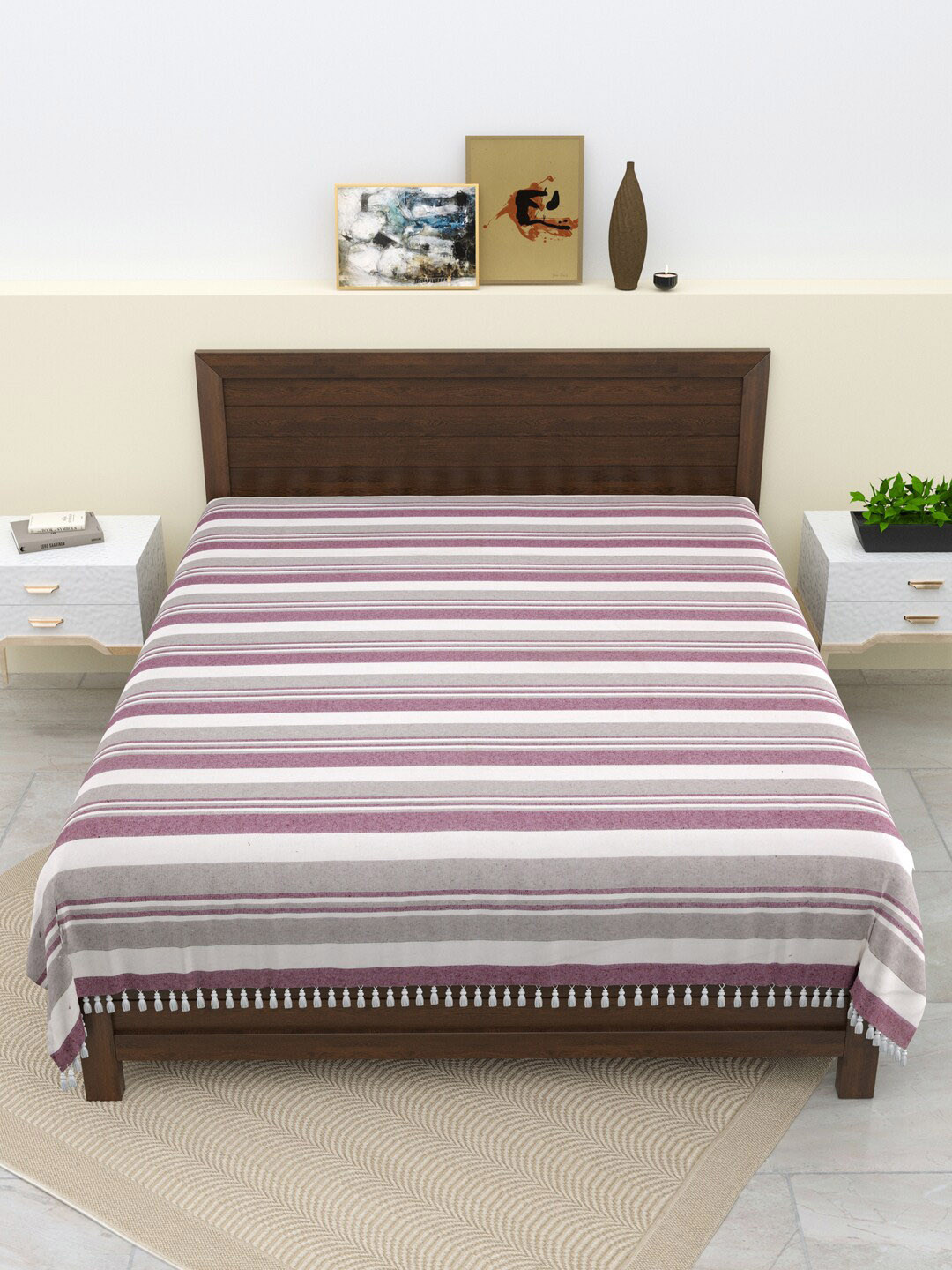 Varde Pink & White 120 TC Striped Pure Cotton Thick Yarn Double King Bedcover 2.5m x 2.2m