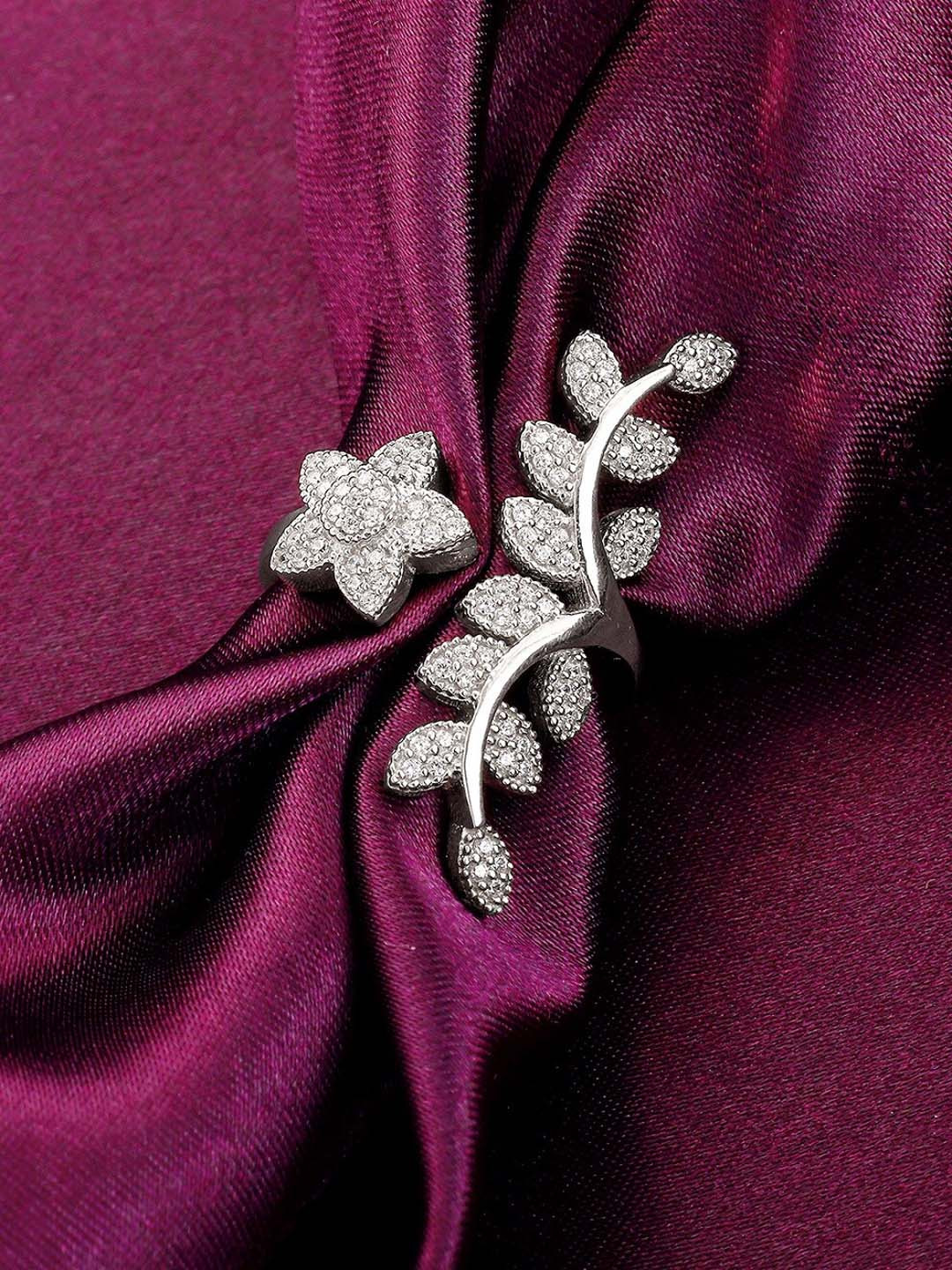 GIVA 925 Sterling Silver Rhodium-Plated Leaf CZ-Studded Adjustable Finger Ring