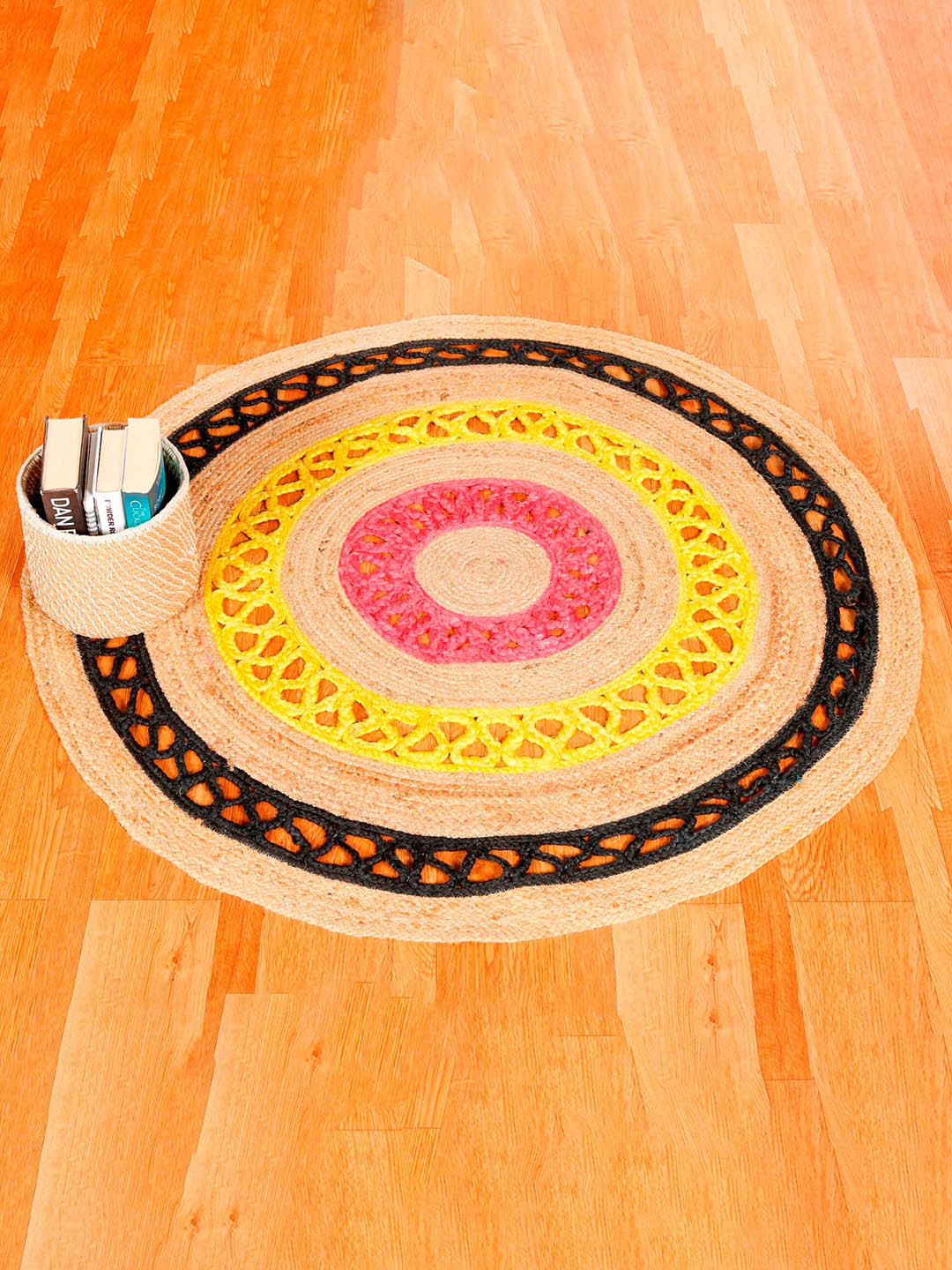 HANDICRAFT PALACE Brown & Yellow Braided Circular Jute Cotton Carpet