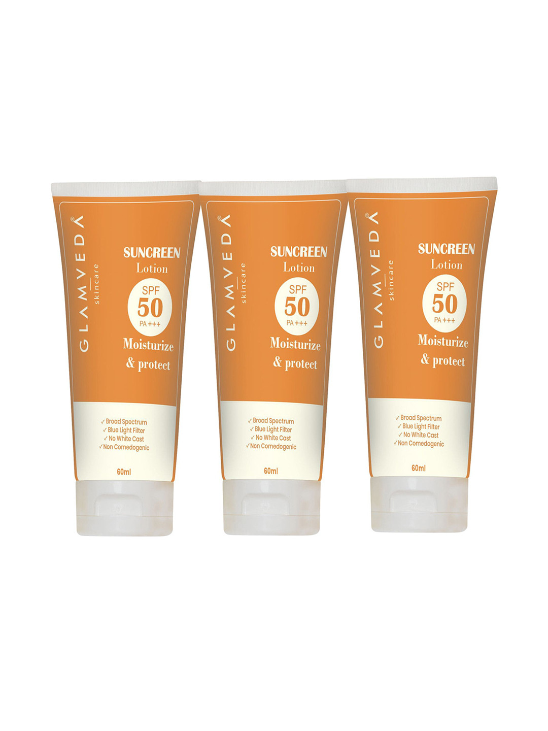 GLAMVEDA Set Of 3 Water & Sweat Resistant SPF 50 PA+++ Sunscreen Lotion - 60ml Each
