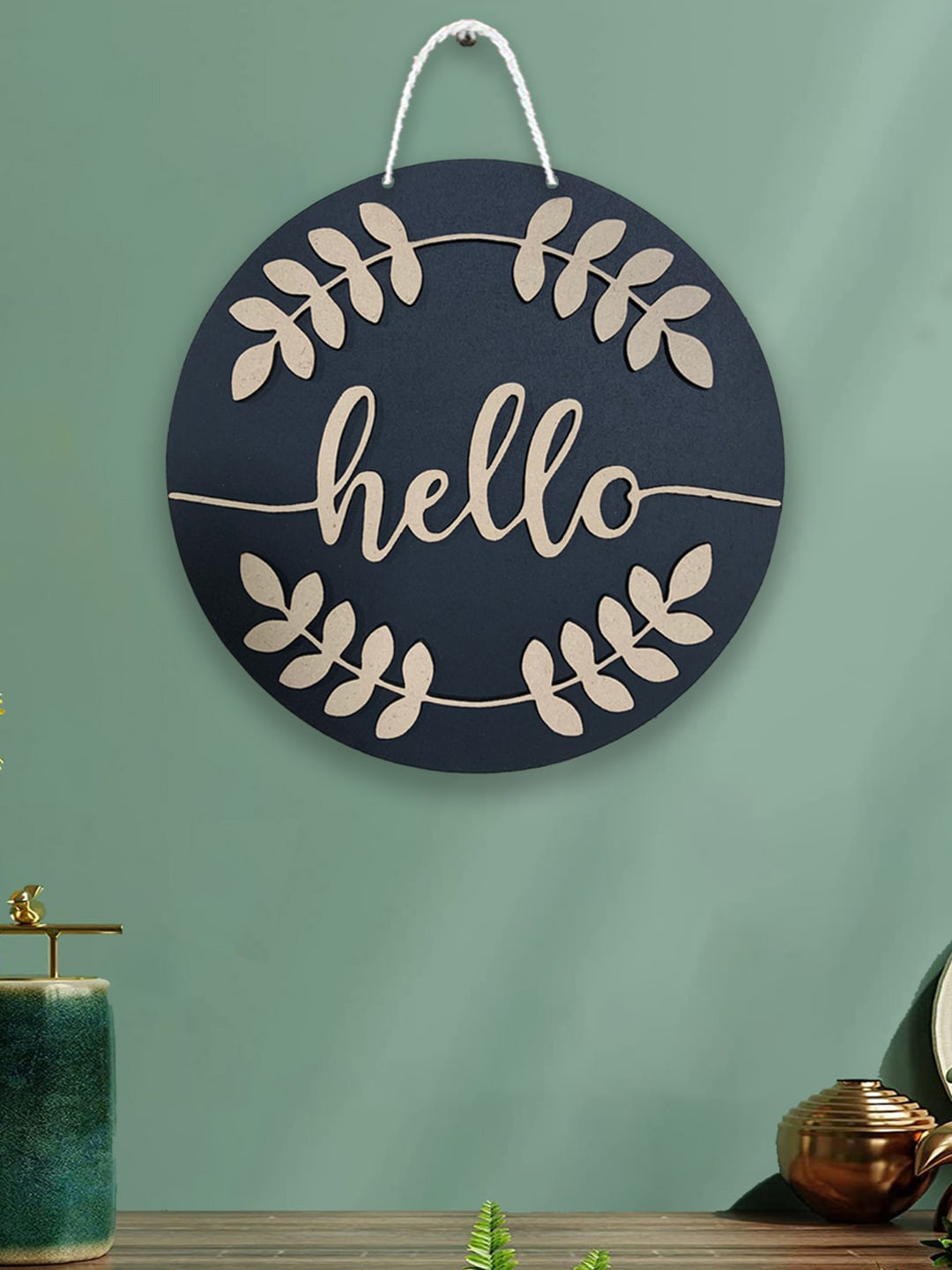 Art Street Hello With Leaf MDF Matte Hanging Hall Signs and Plaques-10In