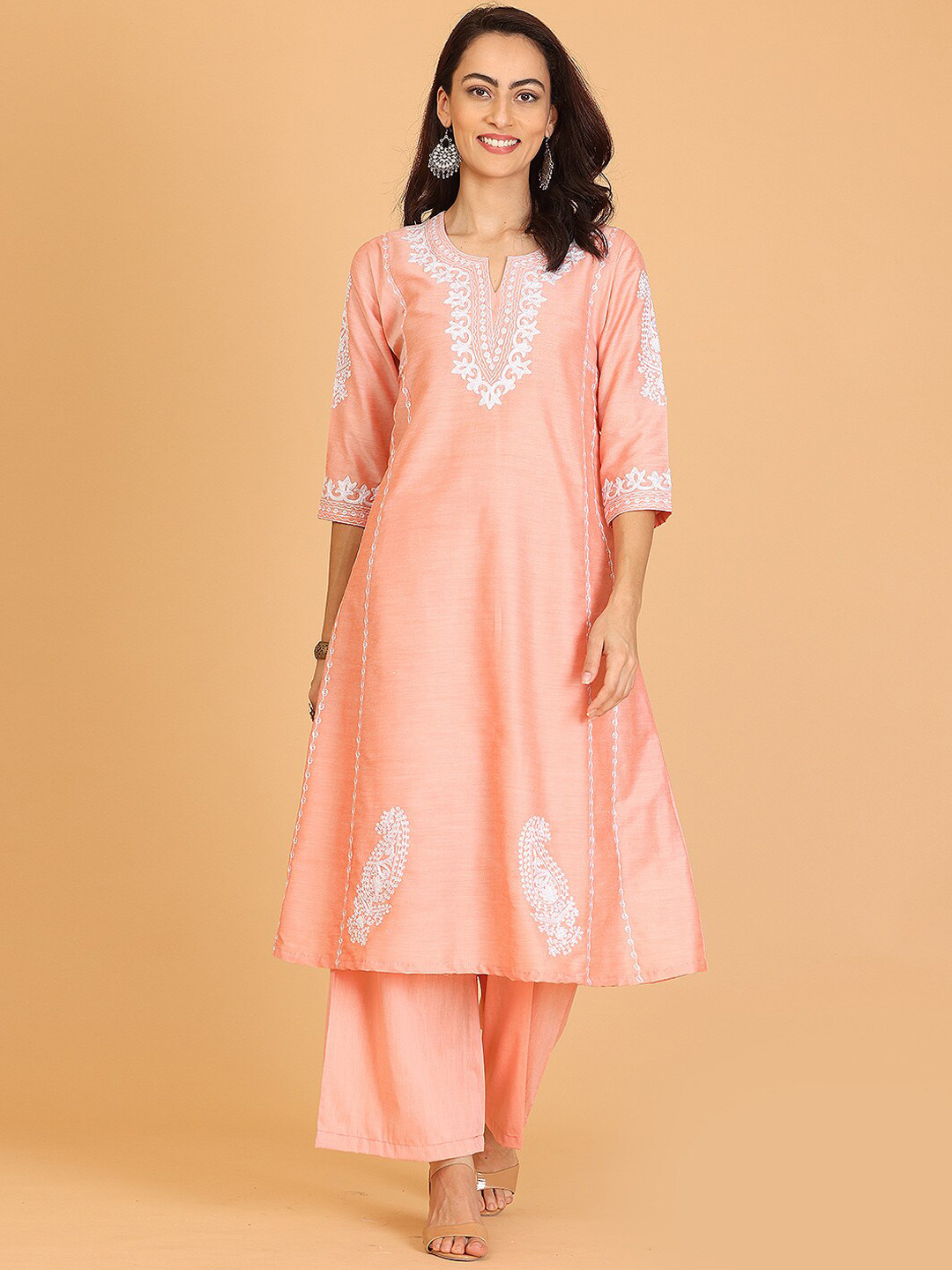 KAANCHIE NANGGIA Floral Embroidered Pure Silk Kurta with Palazzos