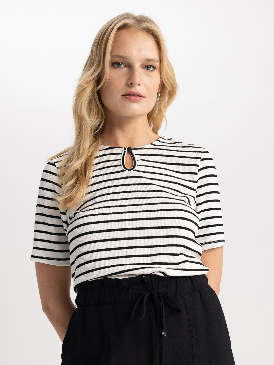 DeFacto Striped Henley Neck Keyhole Neck Regular Top
