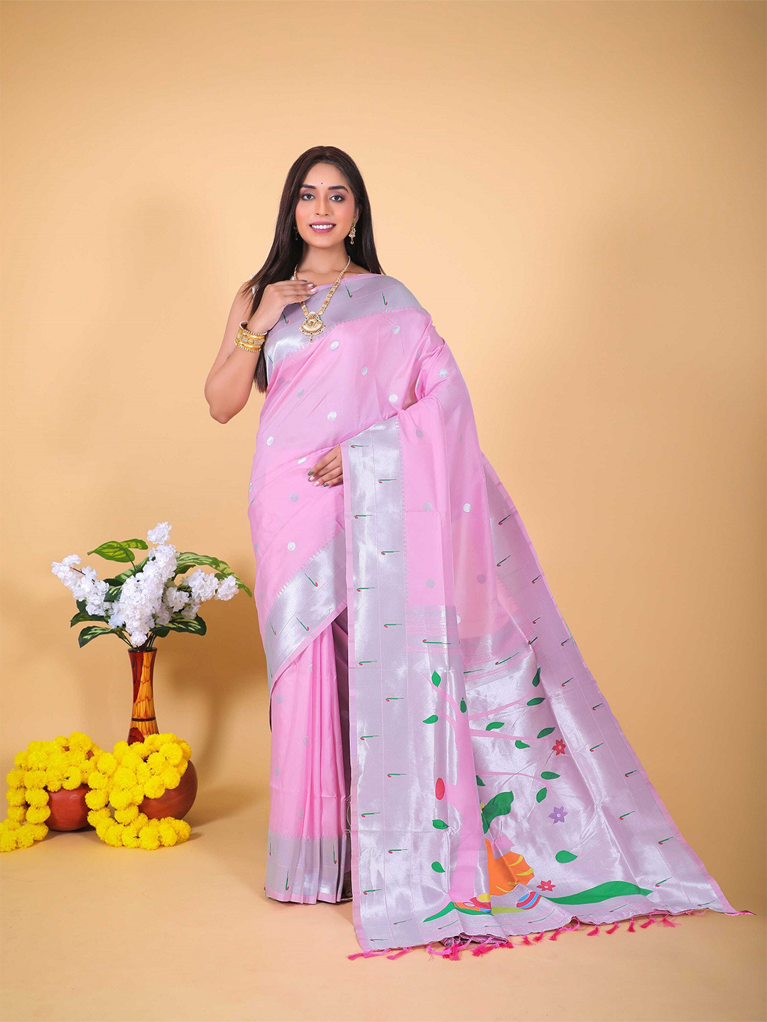 Mitera Pink & Silver-Toned Geometric Woven Design Zari Paithani Saree