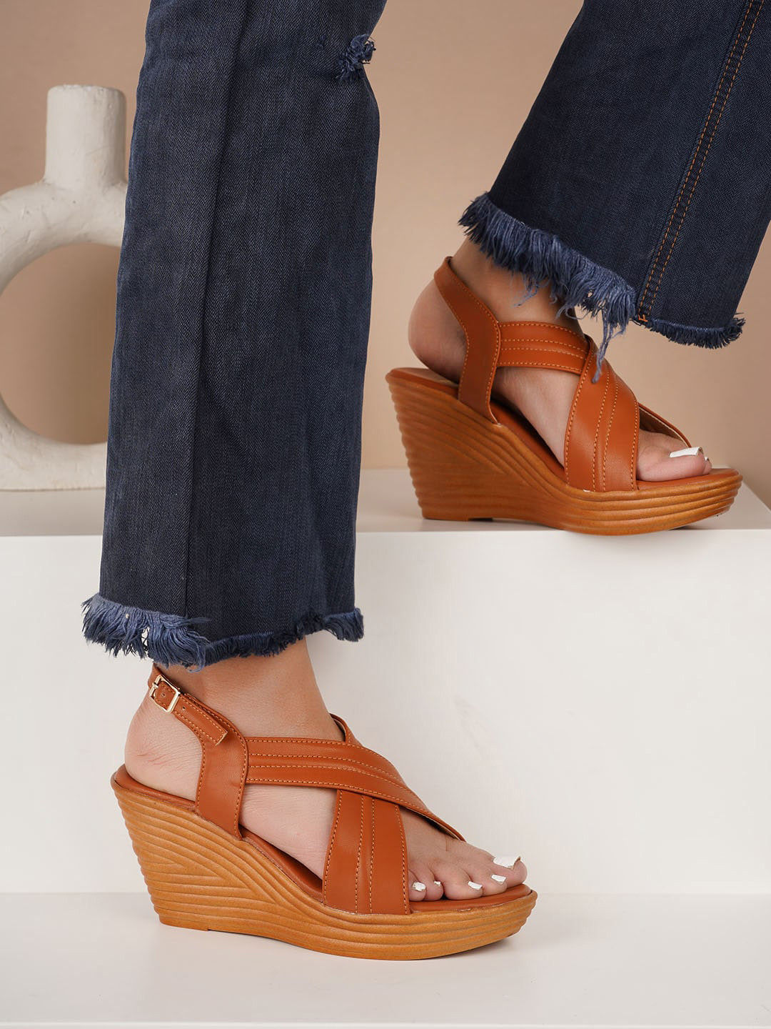 The Roadster Lifestyle Co. Tan Brown Textured Open Toe Wedges With Backstrap