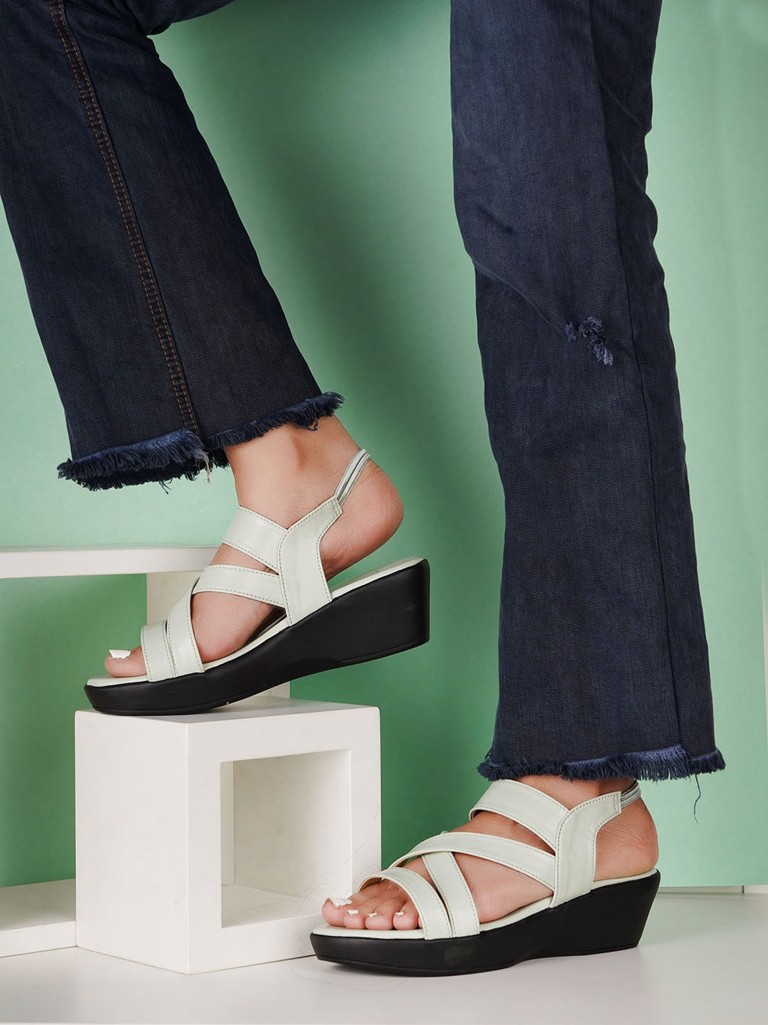 The Roadster Lifestyle Co. Sea Green Open Toe Wedges With Backstrap