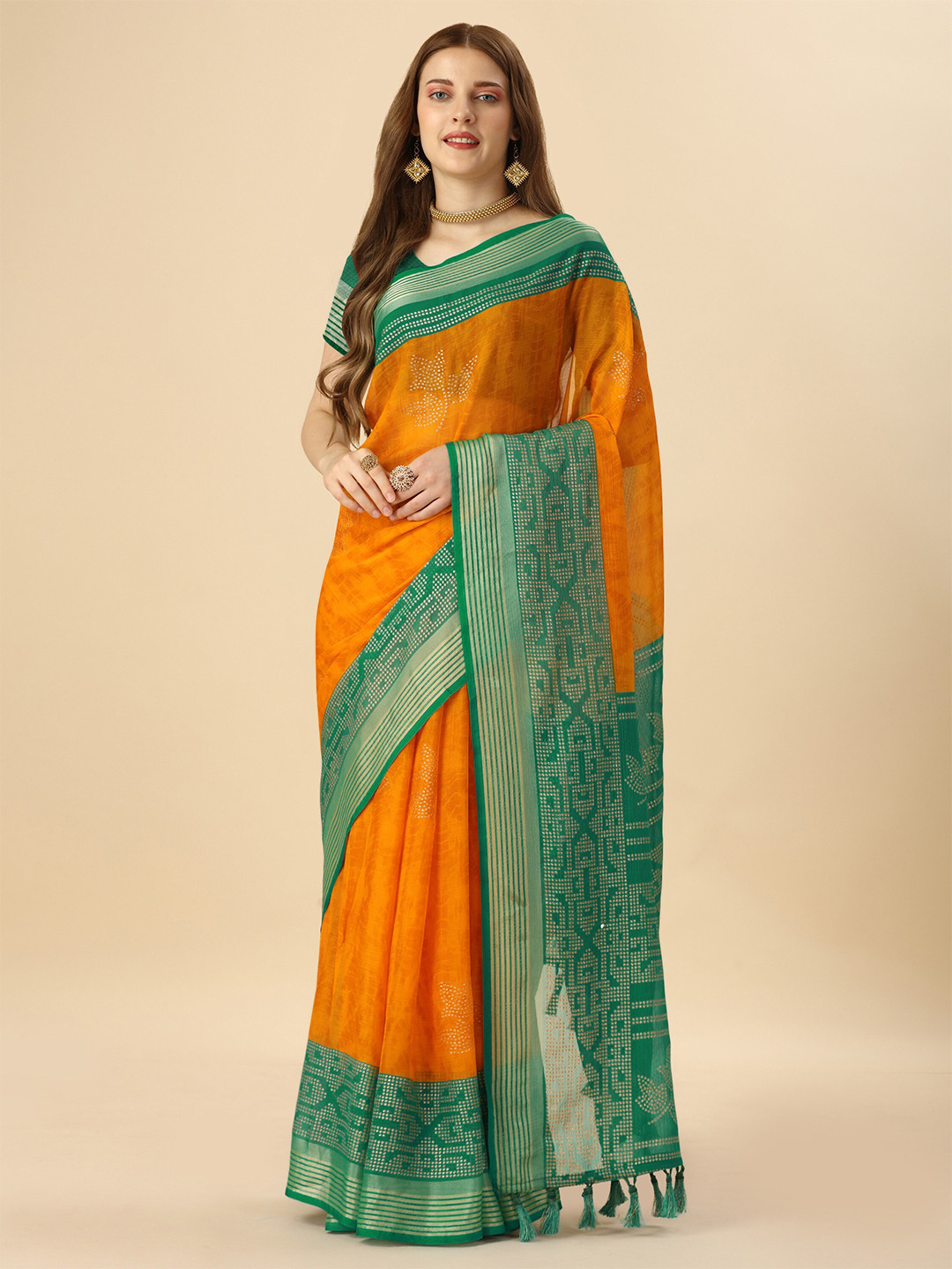 Mitera Yellow & Green Floral Printed Zari Pure Chiffon Saree