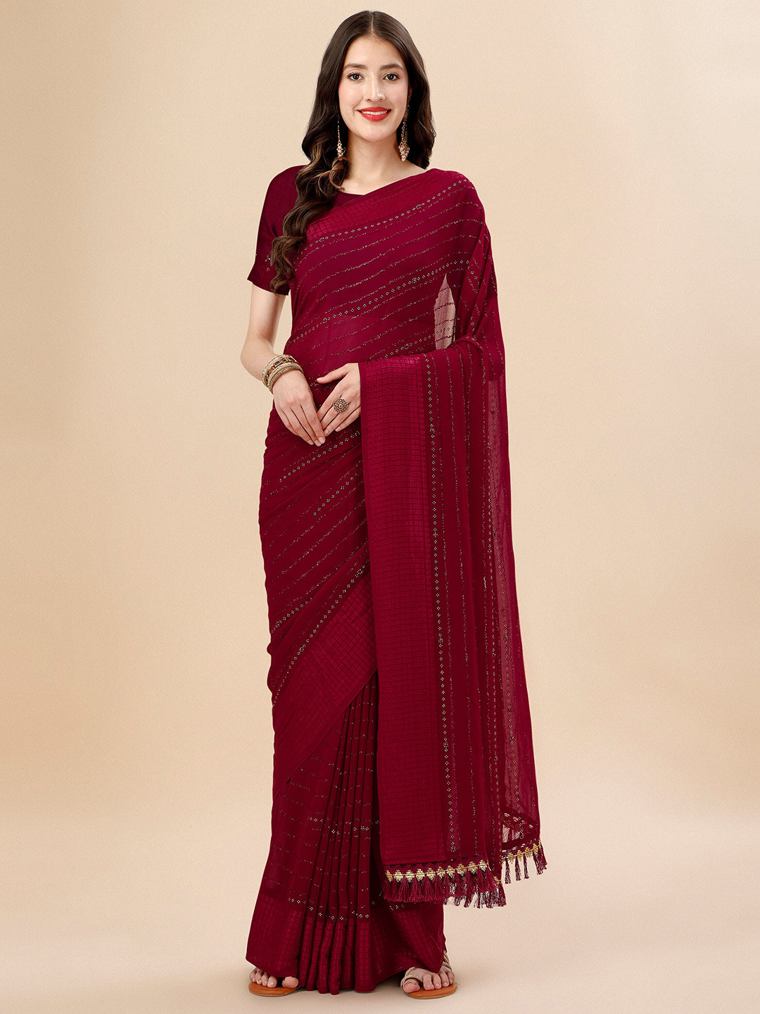 Mitera Maroon Beads and Stones Embellished Pure Chiffon Saree