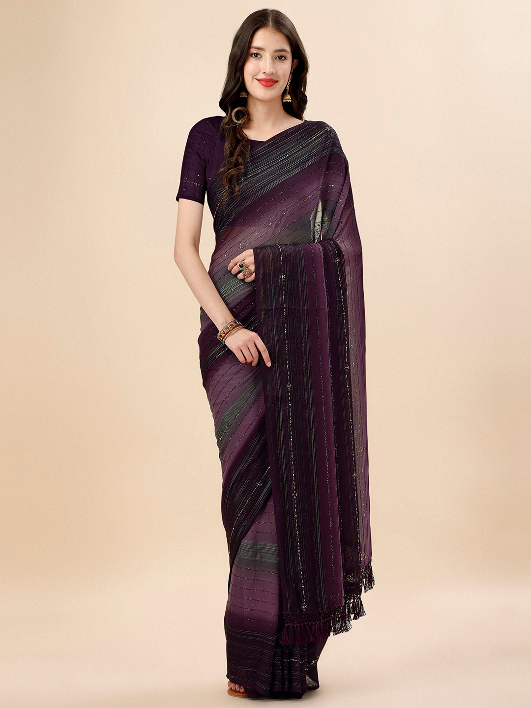 Mitera Magenta & Black Striped Beads & Stone Work Pure Georgette Saree