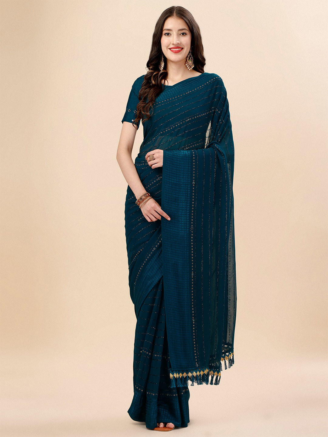 Mitera Teal & Black Striped Beads & Stone Work Pure Chiffon Saree