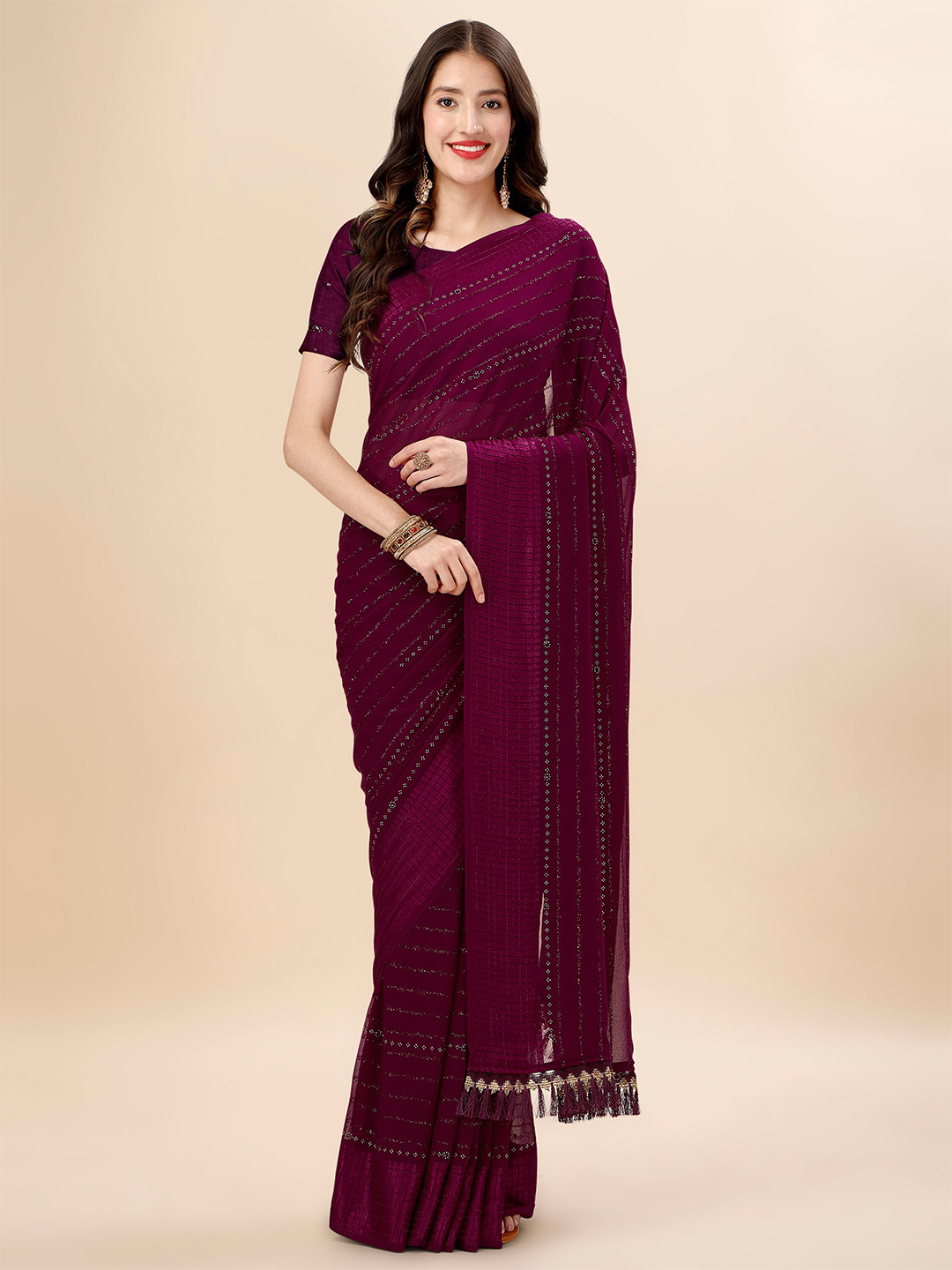 Mitera Purple & Black Striped Stone Work Pure Chiffon Saree