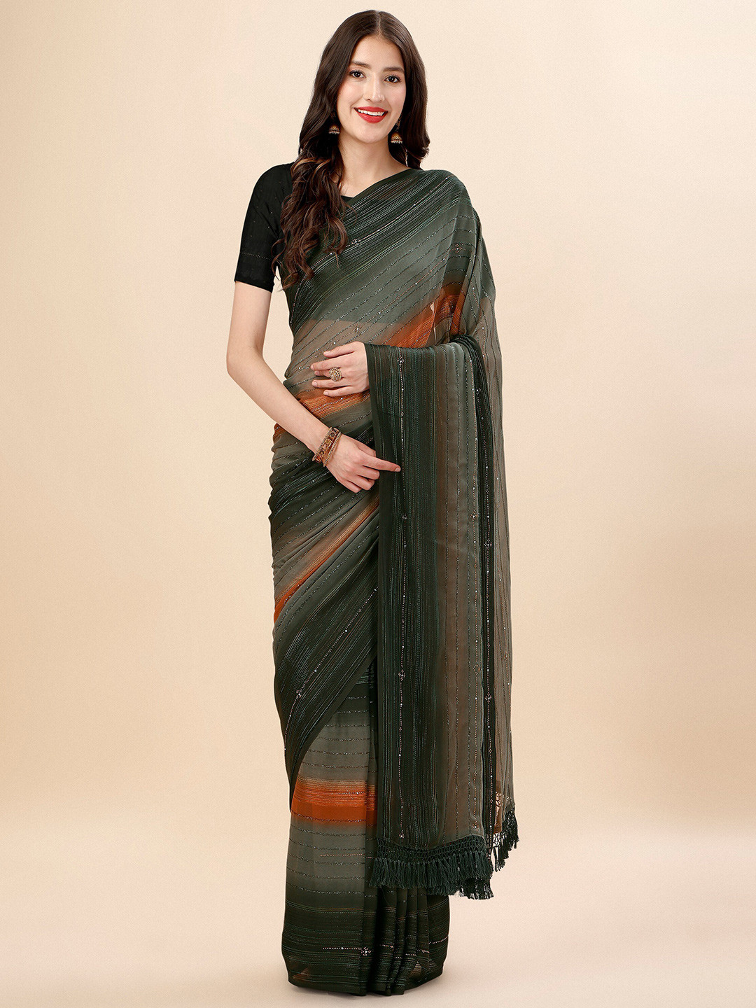 Mitera Green & Brown Striped Beads & Stone Work Pure Chiffon Saree