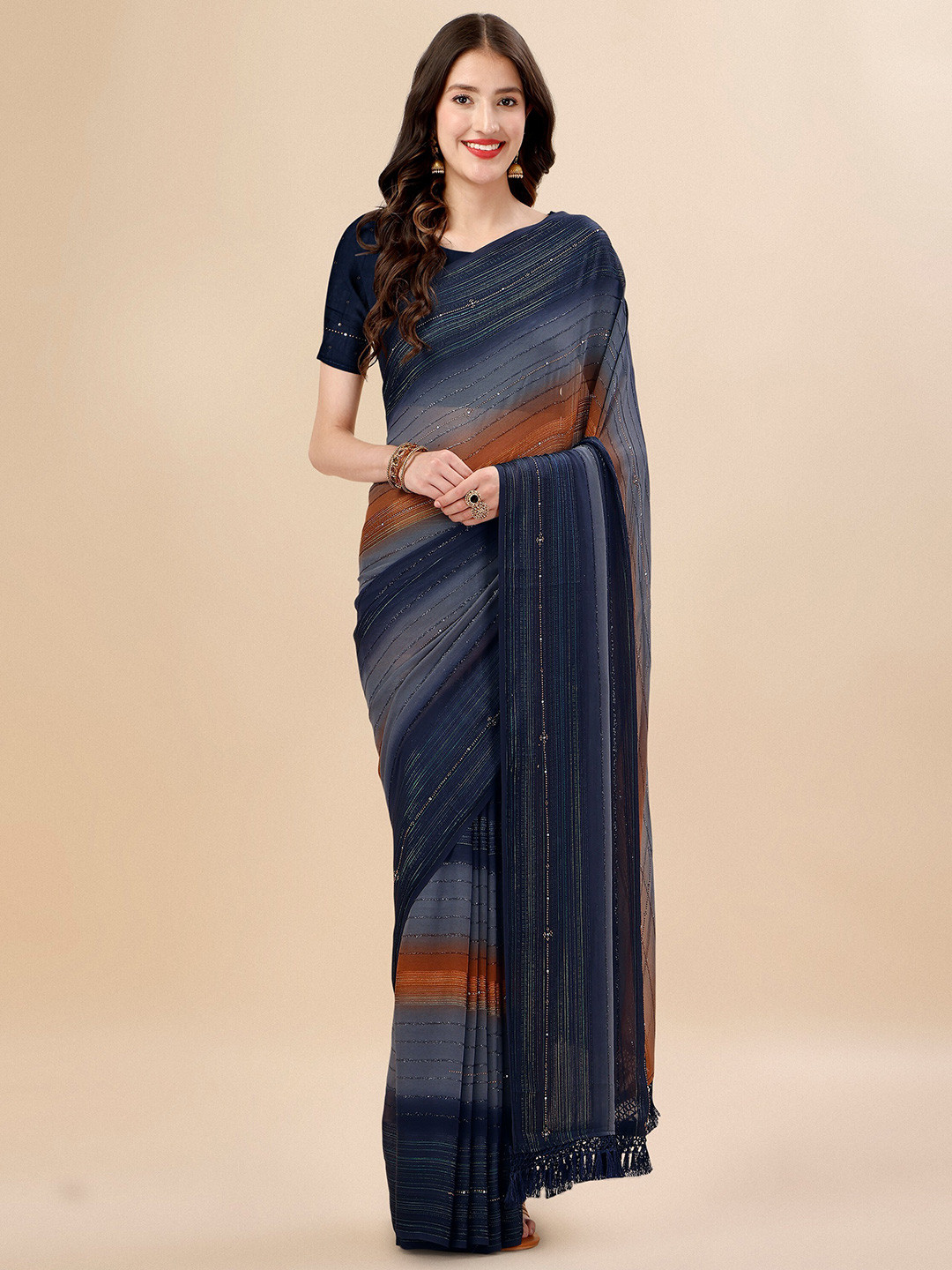 Mitera Blue & Brown Striped Beads & Stone Work Pure Chiffon Saree