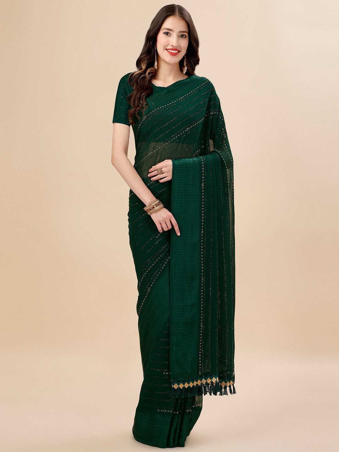 Mitera Green & Gold Toned Striped Stone Work Pure Chiffon Saree