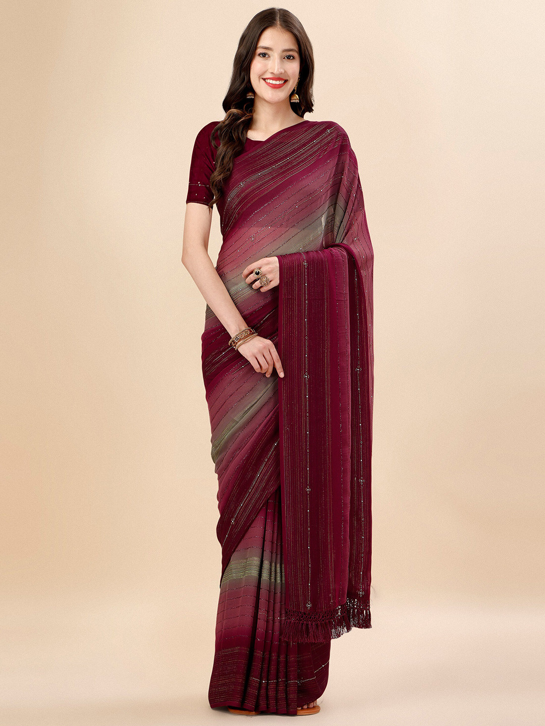 Mitera Maroon & Green Striped Stone Work Pure Chiffon Saree
