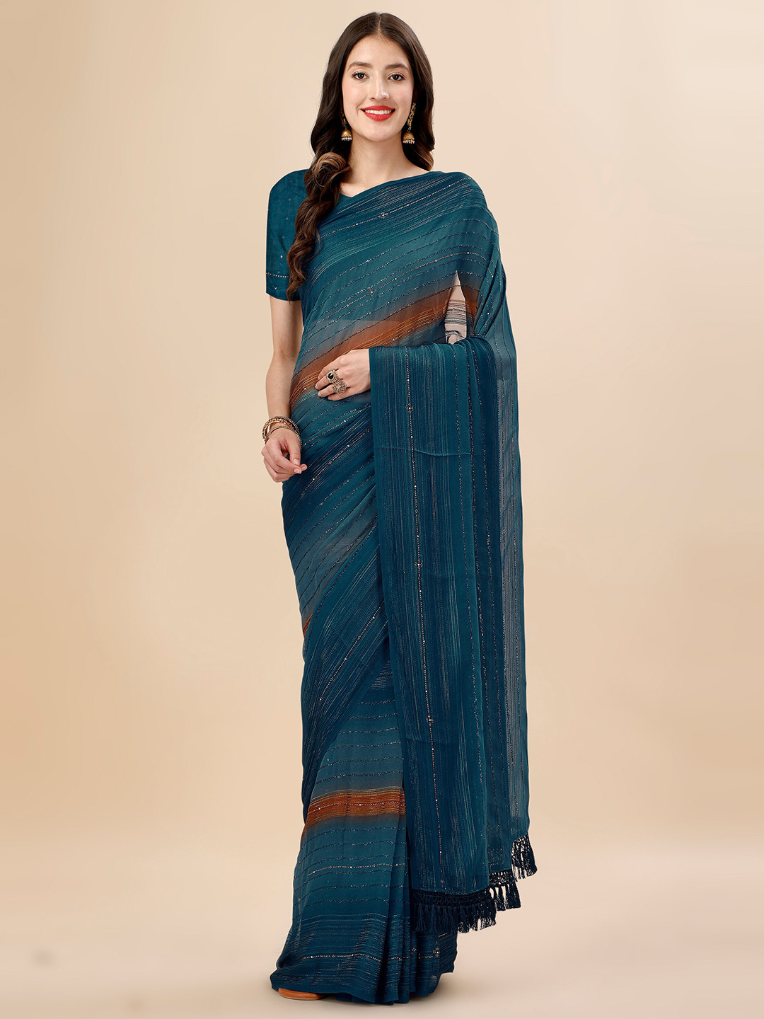 Mitera Teal & Brown Striped Beads & Stone Work Pure Chiffon Saree