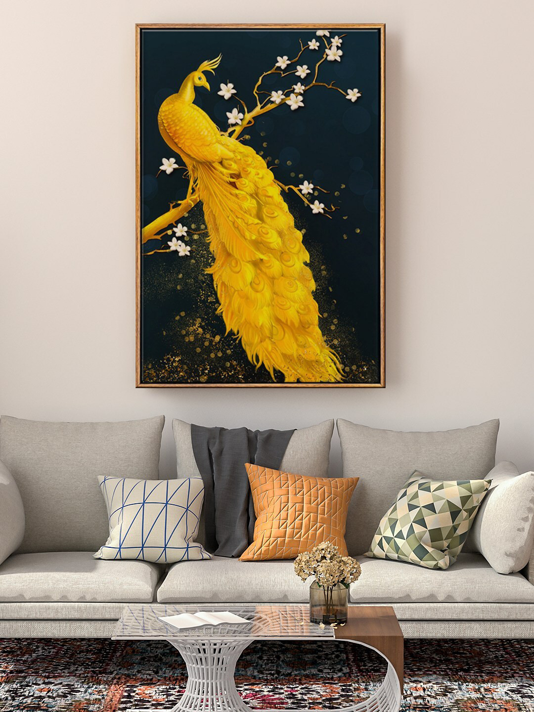 999Store Golden Peacock Canvas Wall Rectangle Paintings Wall Art -36x24In