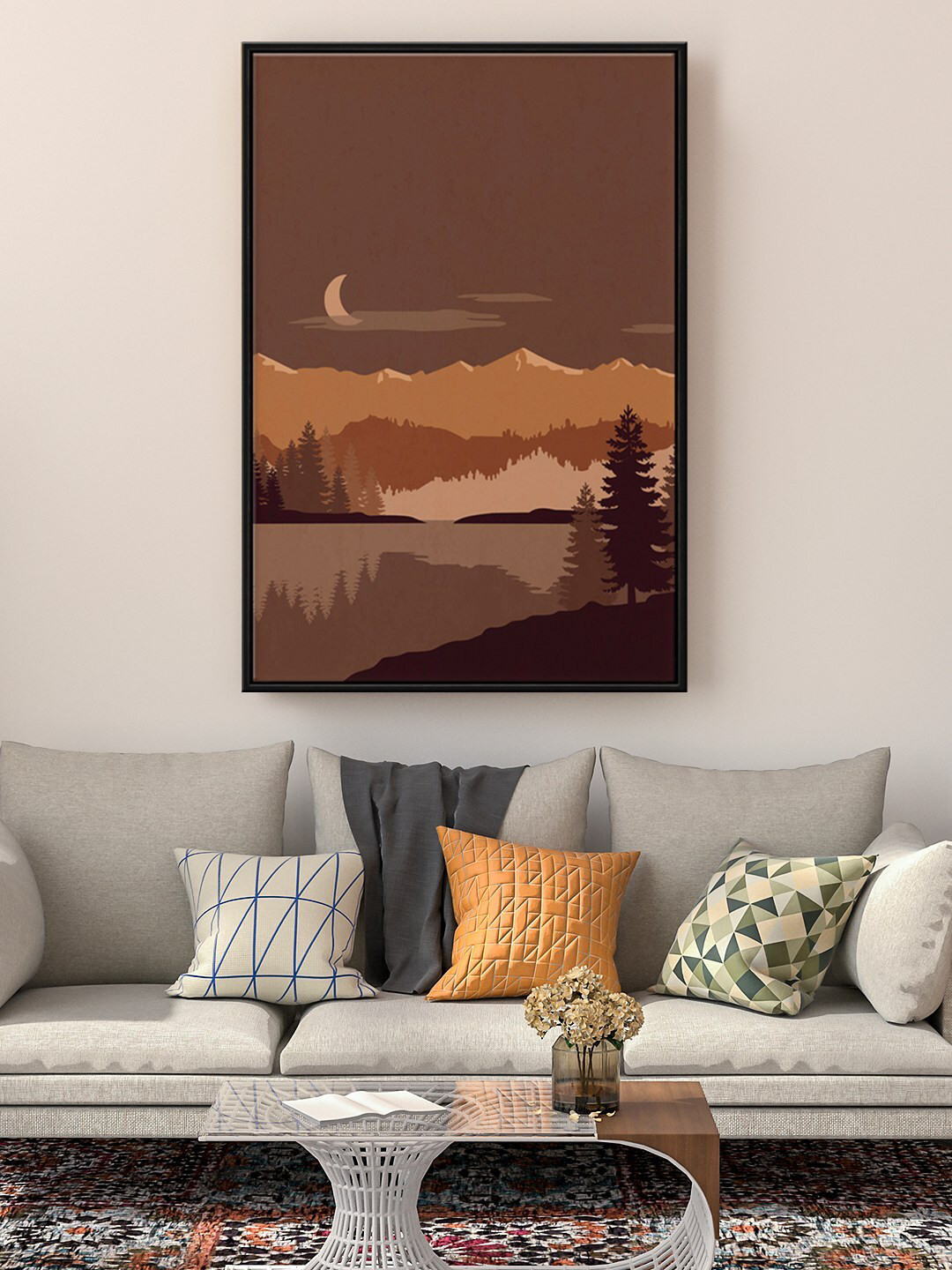 999Store Floating Frame Brown & Rust Mountain And Tree Half Moon Wall Art