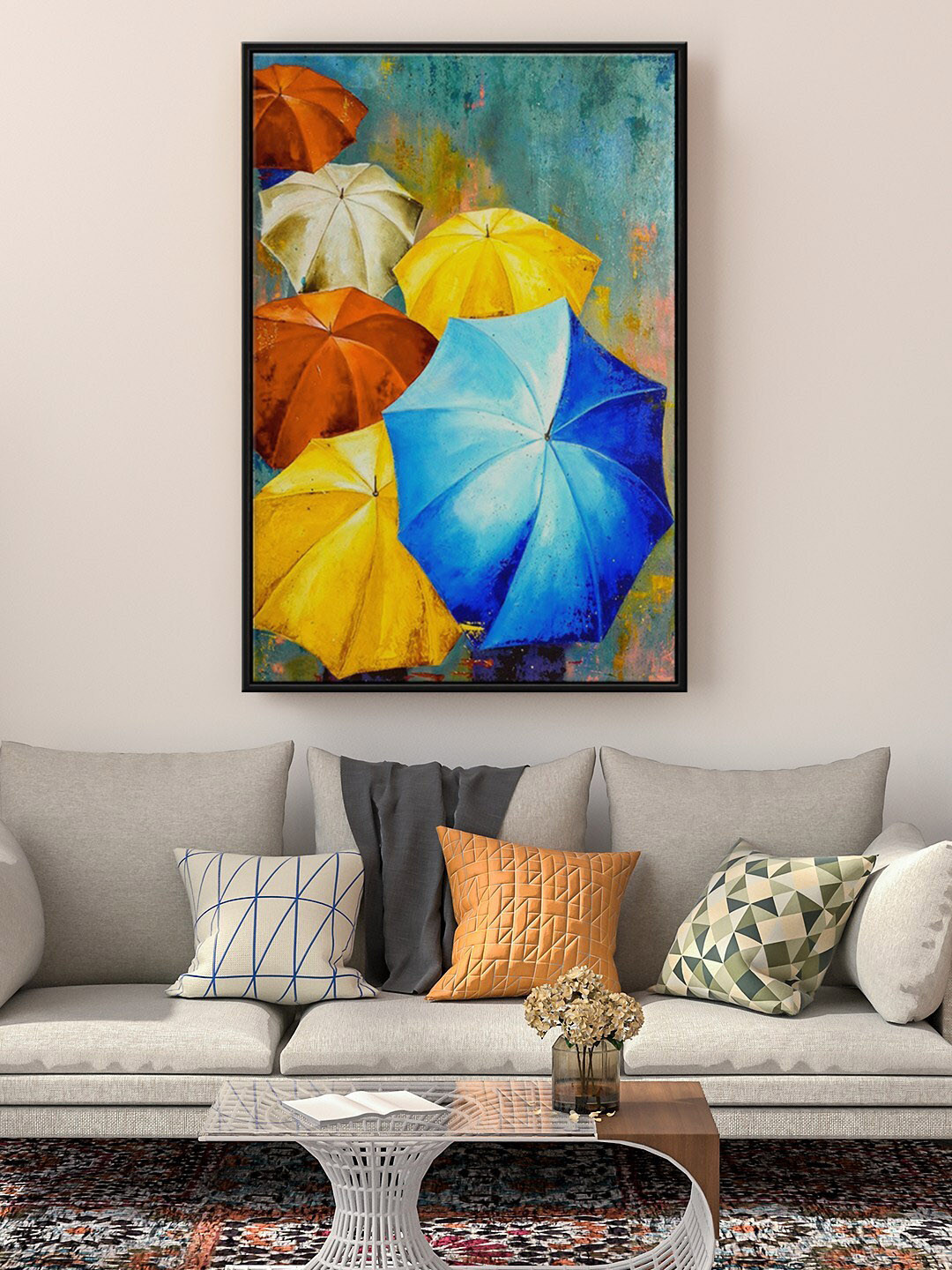 999Store Floating Frame Blue & Yellow Umbrella Painting Wall Art