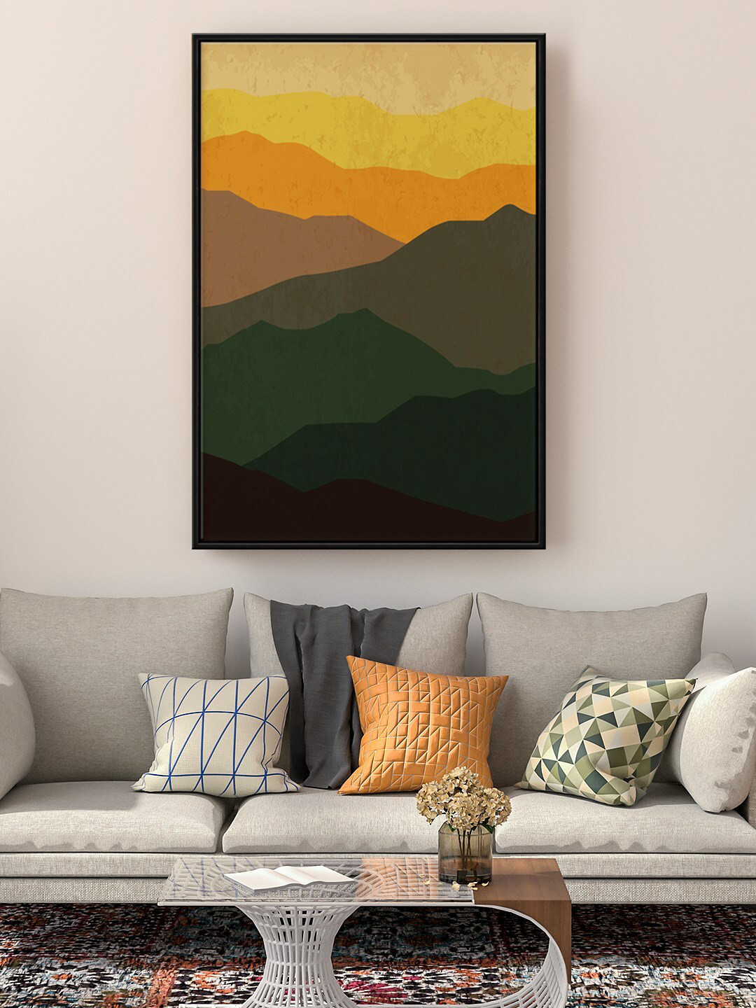 999Store Floating Frame Yellow & Green Floating Mountain Art Printed Framed Wall Painting