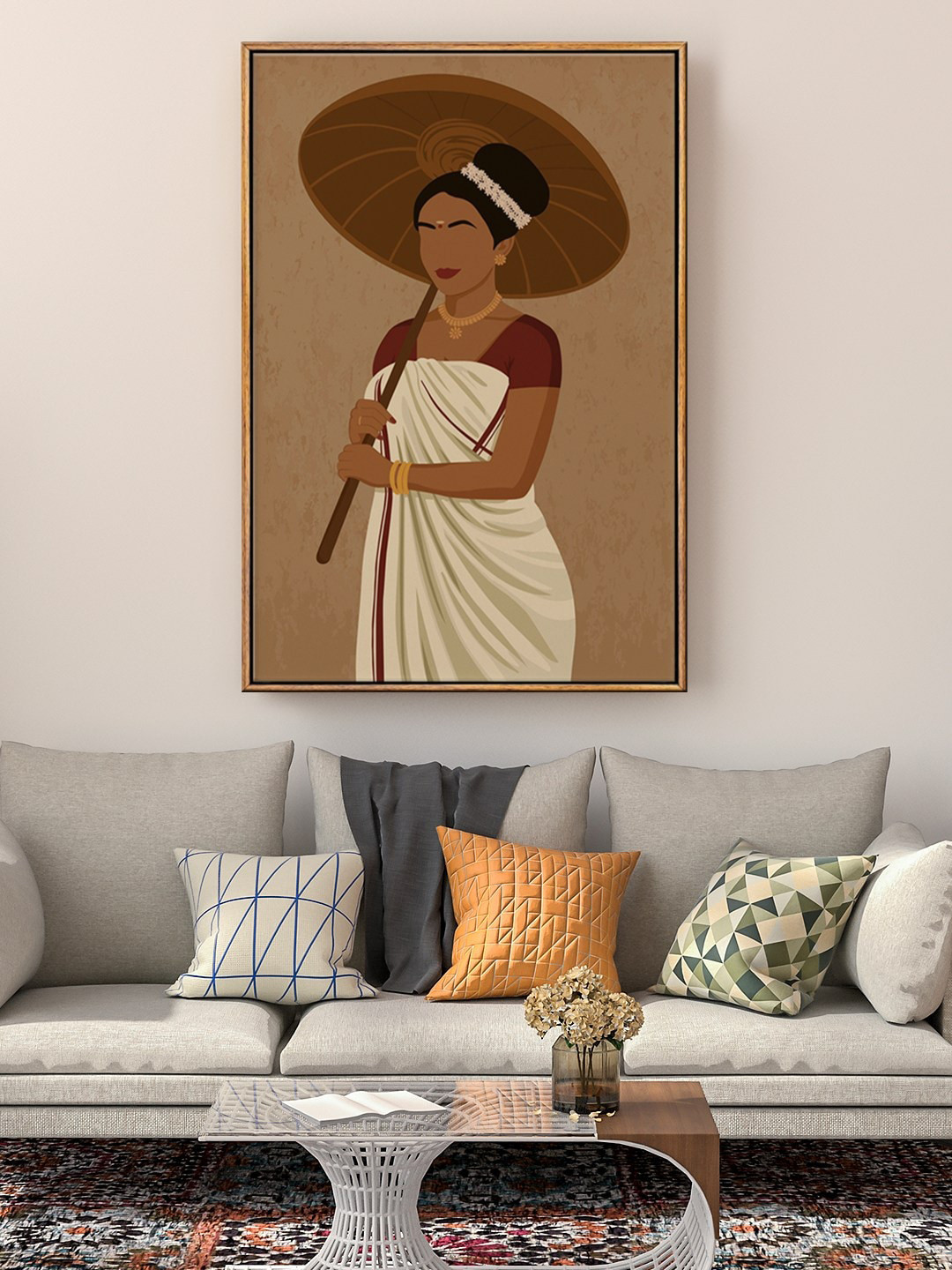 999Store Floating Frame Brown Sunrise Kerala Lady Traditional Painting Framed Wall Art