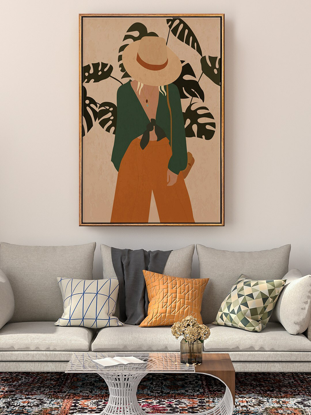 999Store Floating Frame Brown & Green Fashion Girl Painting Framed Wall Art