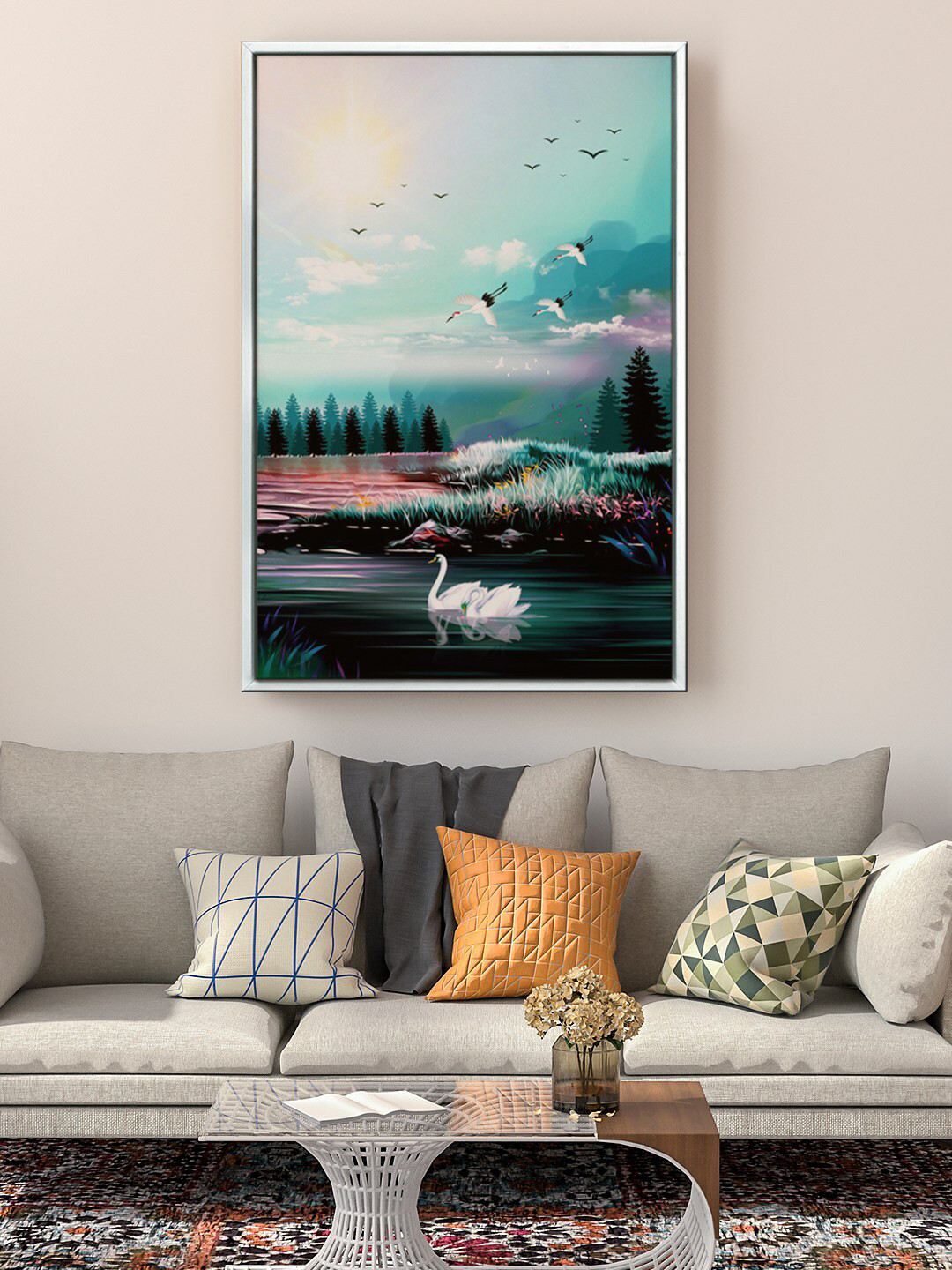 999Store Blue & Pink Nature Painting Floating Framed Wall Art