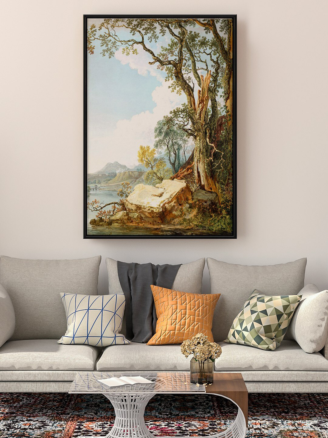 999Store Green & Blue River With Tree Nature Painting Floating Framed Wall Art