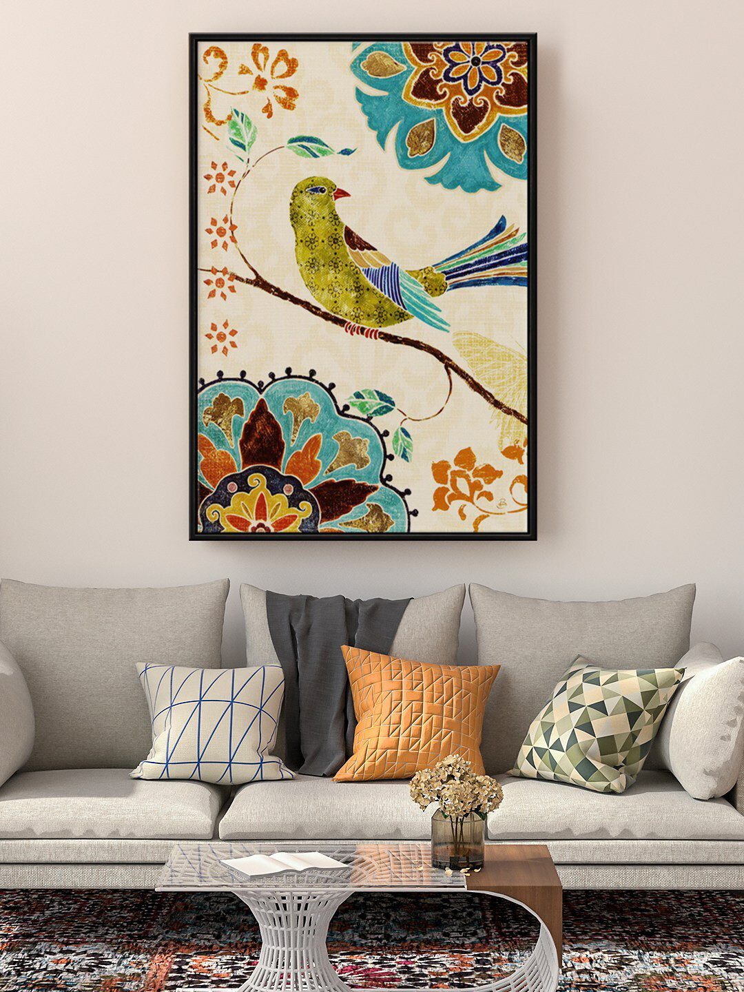 999Store White & Green Tales Birds Painting Floating Framed Wall Art