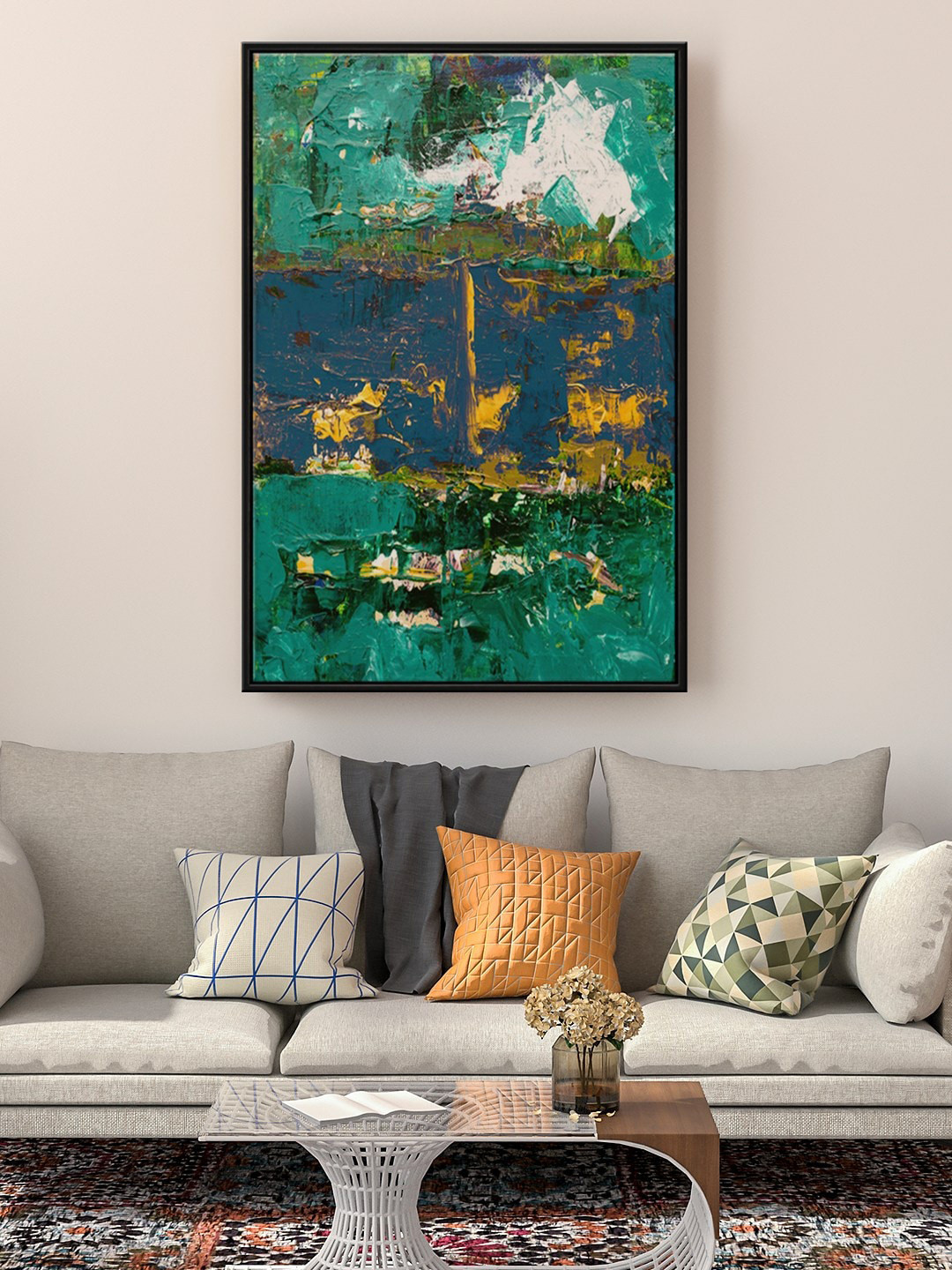 999Store Blue & Green Abstract Painting Floating Framed Wall Art