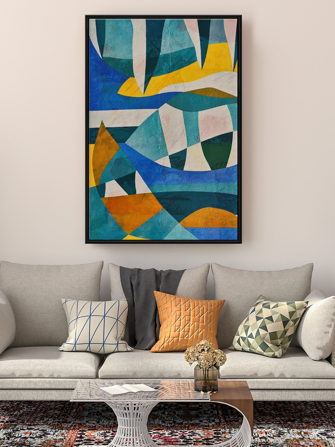 999Store Blue & White Abstract Painting Floating Framed Wall Art