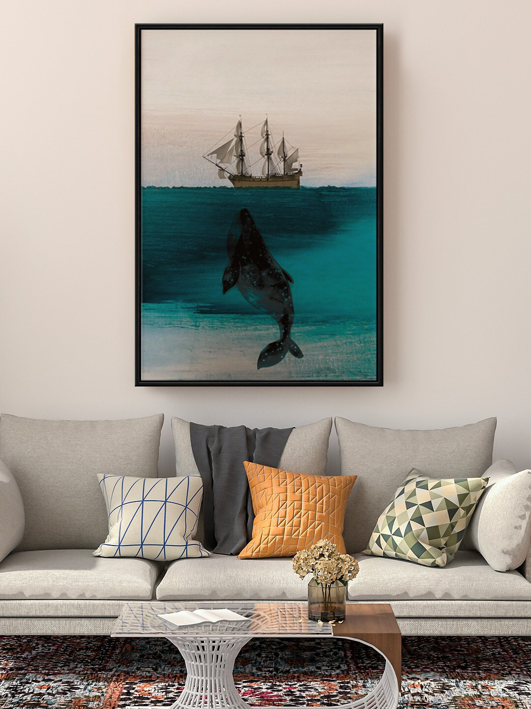 999Store Blue & White Abstract Painting Floating Framed Wall Art