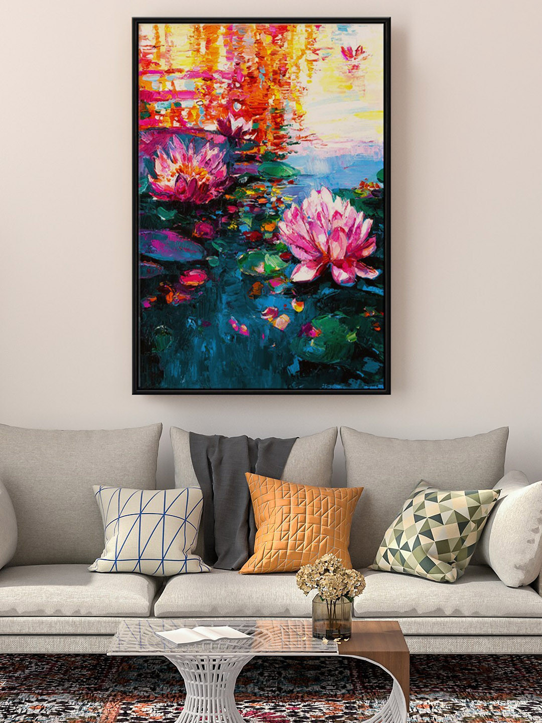 999Store Blue & Pink Lotus Flower Water Lilies Painting Floating Framed Wall Art