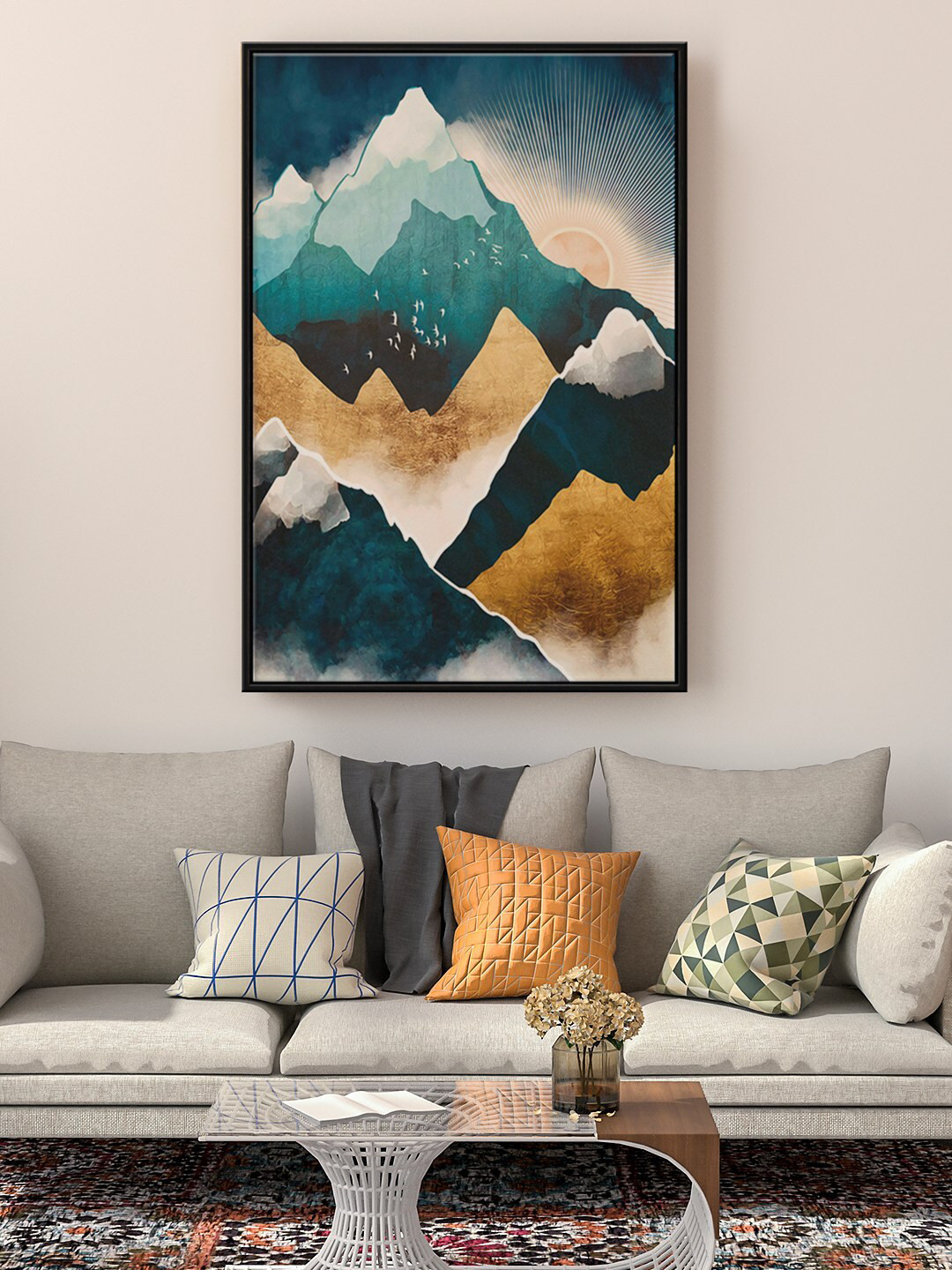999Store Blue & Beige Daybreak Mountain Painting Floating Framed Wall Art
