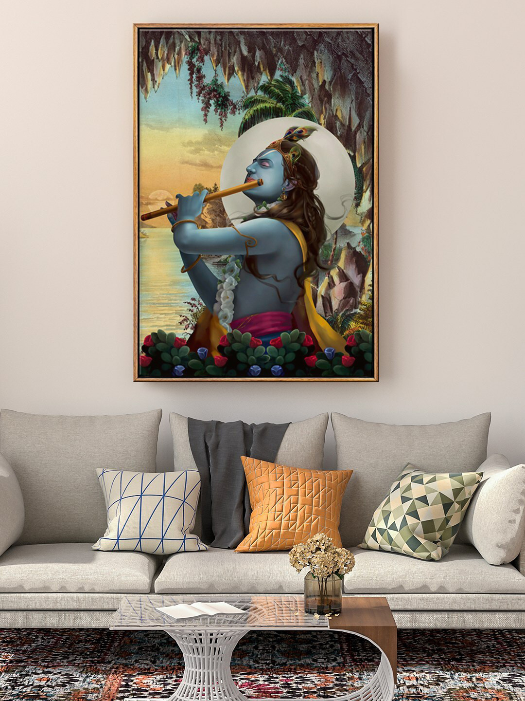 999Store Black & Blue Lord Krishna Playing Flute Painting Floating Framed Wall Art
