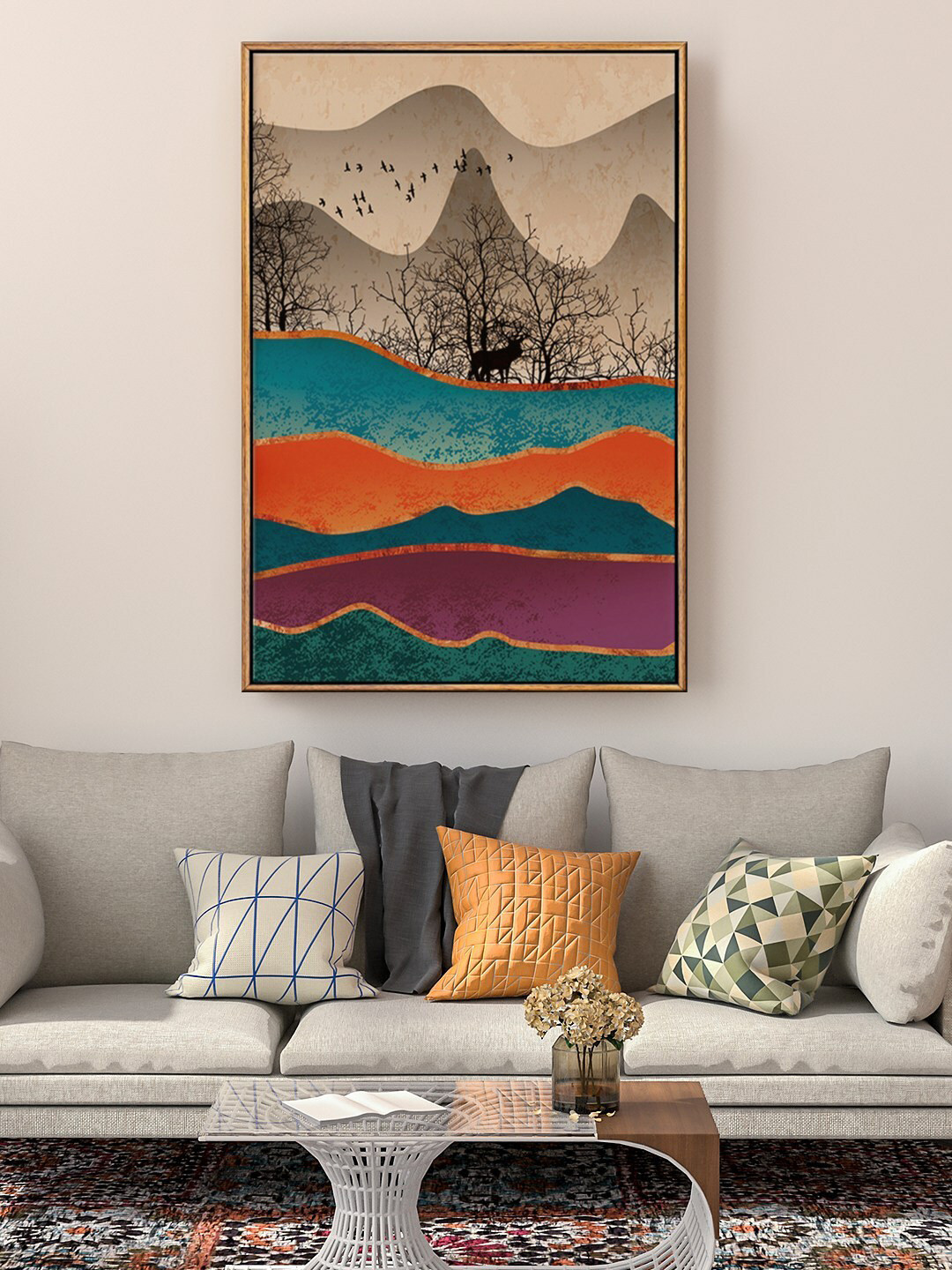 999Store Brown & Blue Mountain And Flying Birds With Tree Painting  Framed Wall Art