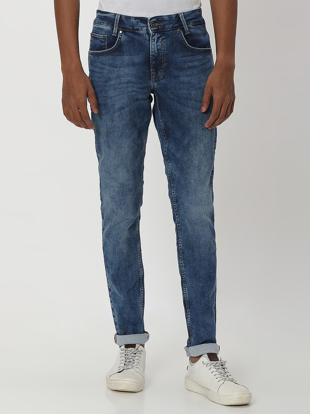 Mufti Men Skinny Fit Light Fade Clean Look Whiskers Stretchable Jeans