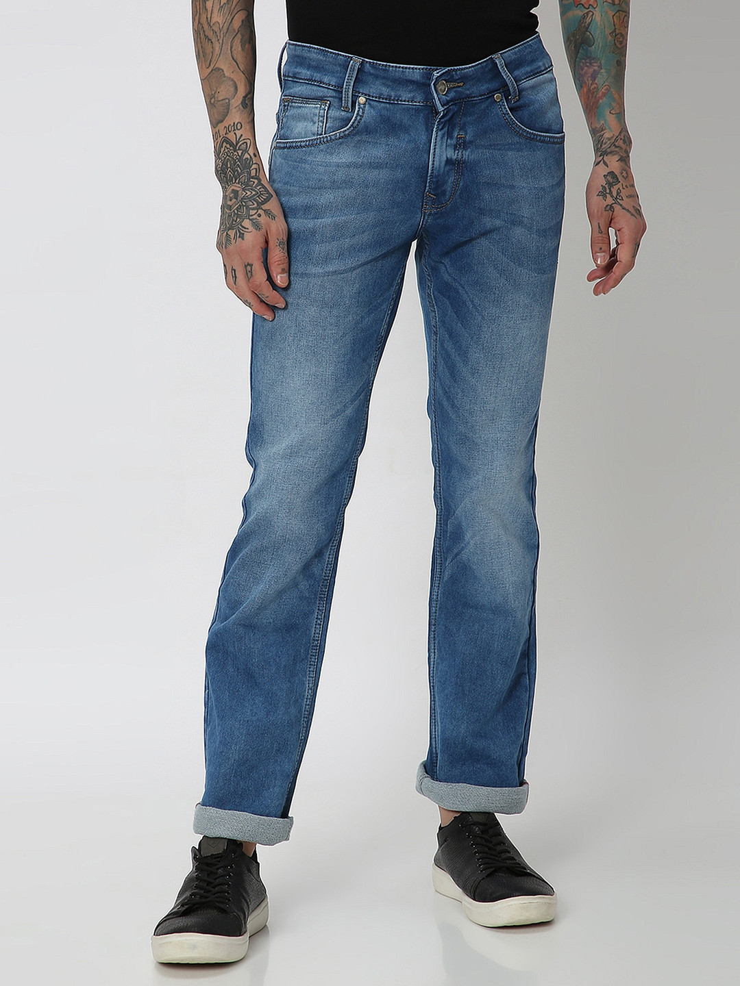 Mufti Men Bootcut Low-Rise Heavy Fade Clean Look Whiskers Stretchable Jeans