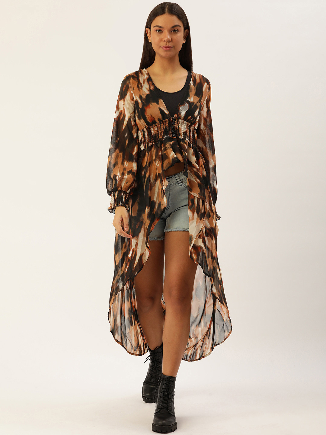 FOREVER 21 Abstract Print High-Low Longline Top with Smocking Detail