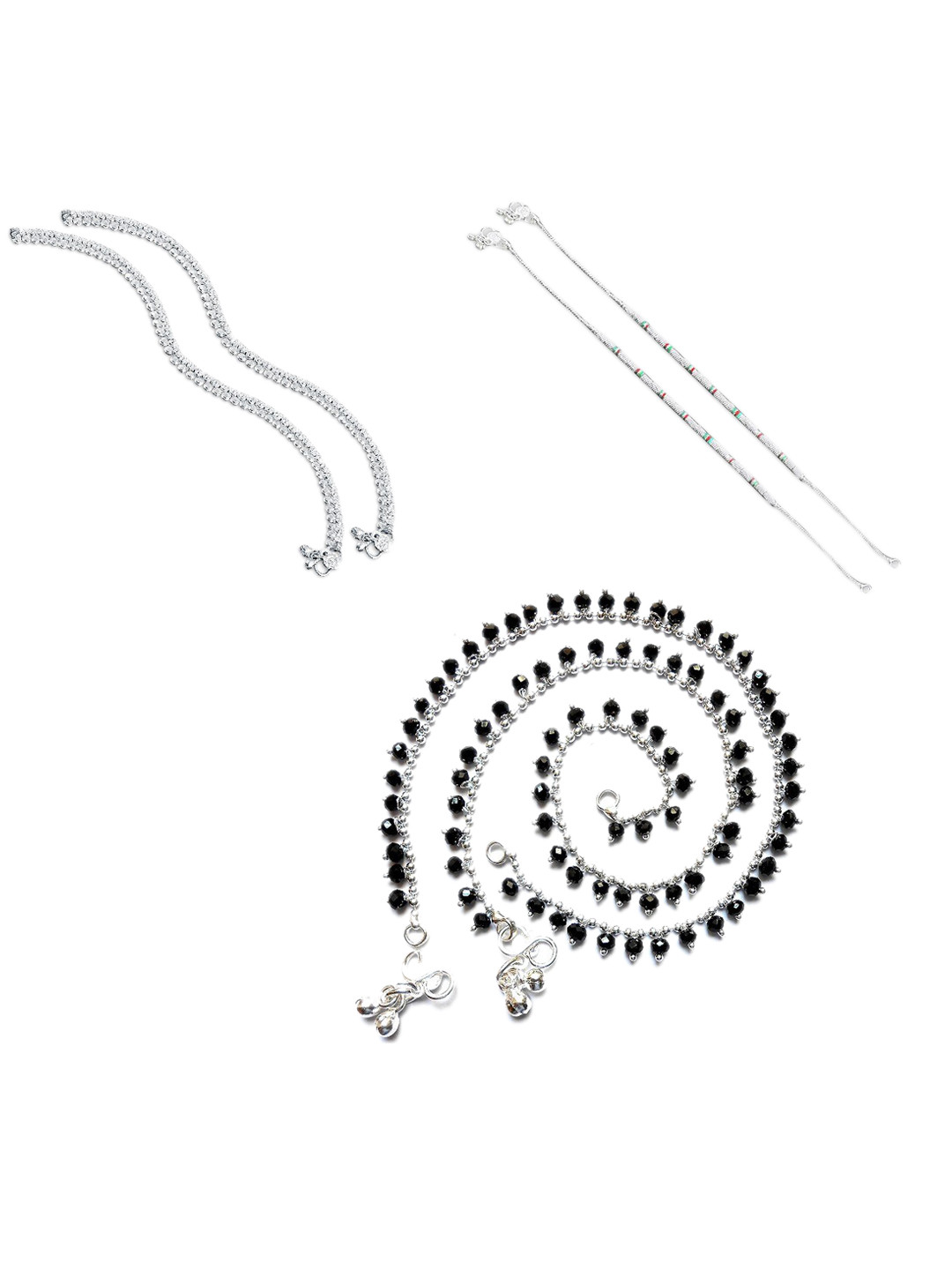 RUHI COLLECTION Set Of 3 Silver-Plated Intricated & Beaded Anklets