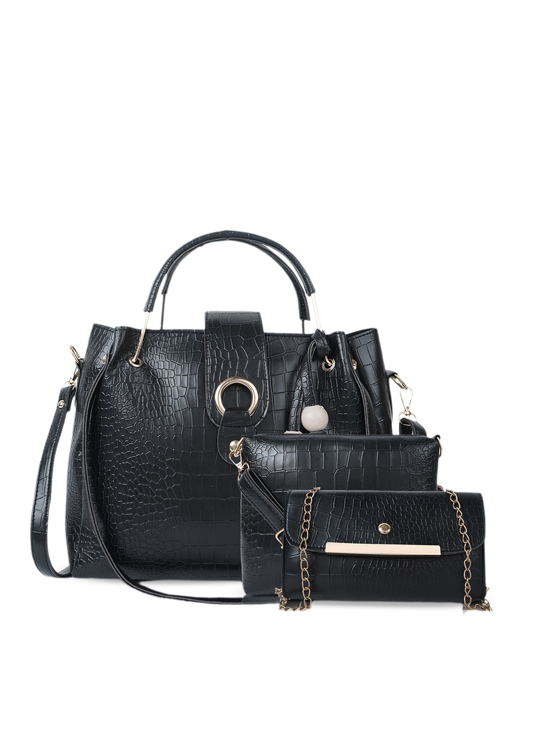 DressBerry Pack Of 3 Black & Gold-Toned Textured Structured Handheld With Tasselled