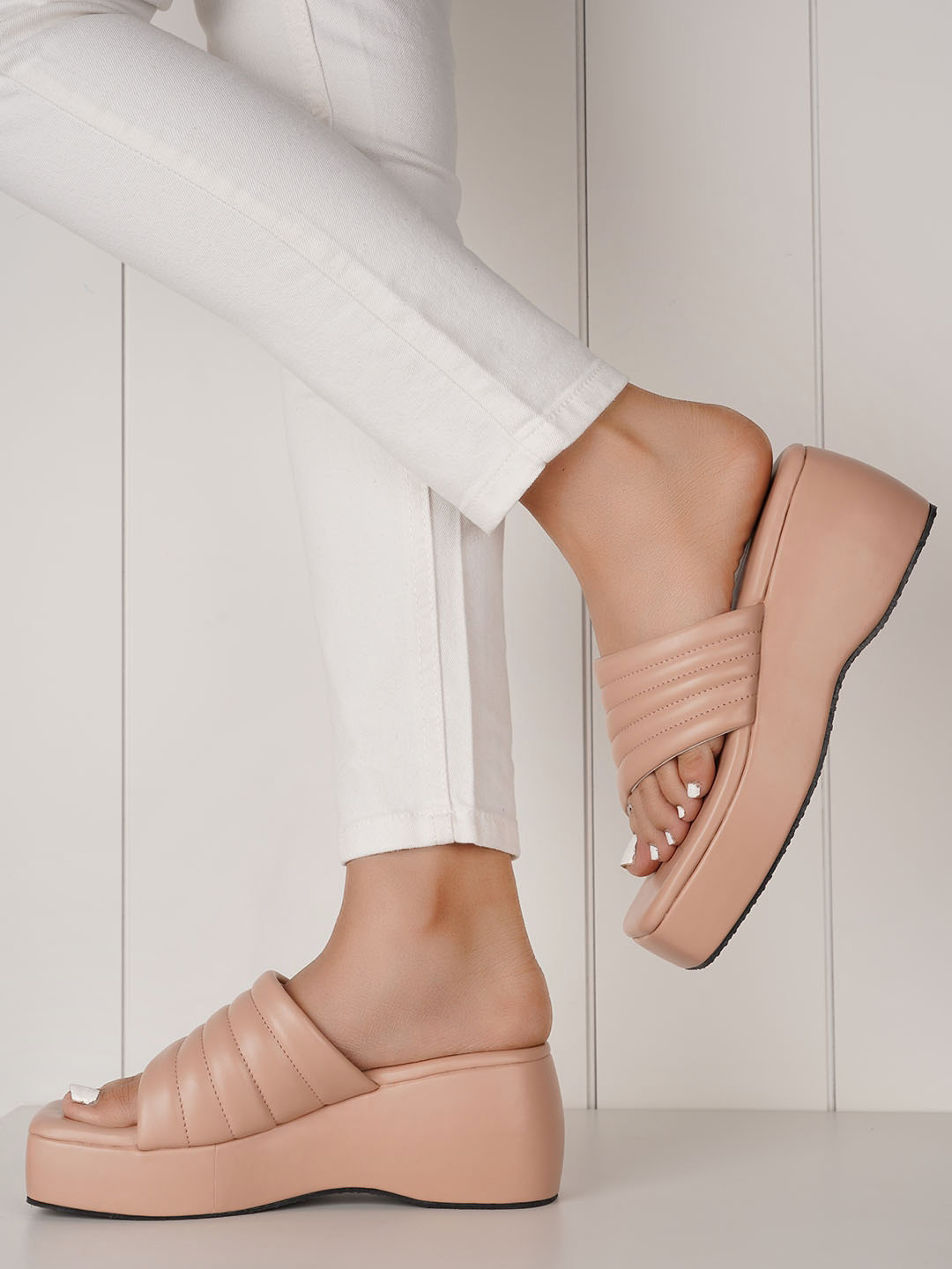 Mast & Harbour Nude-Coloured Textured Open Toe Flatform Heels