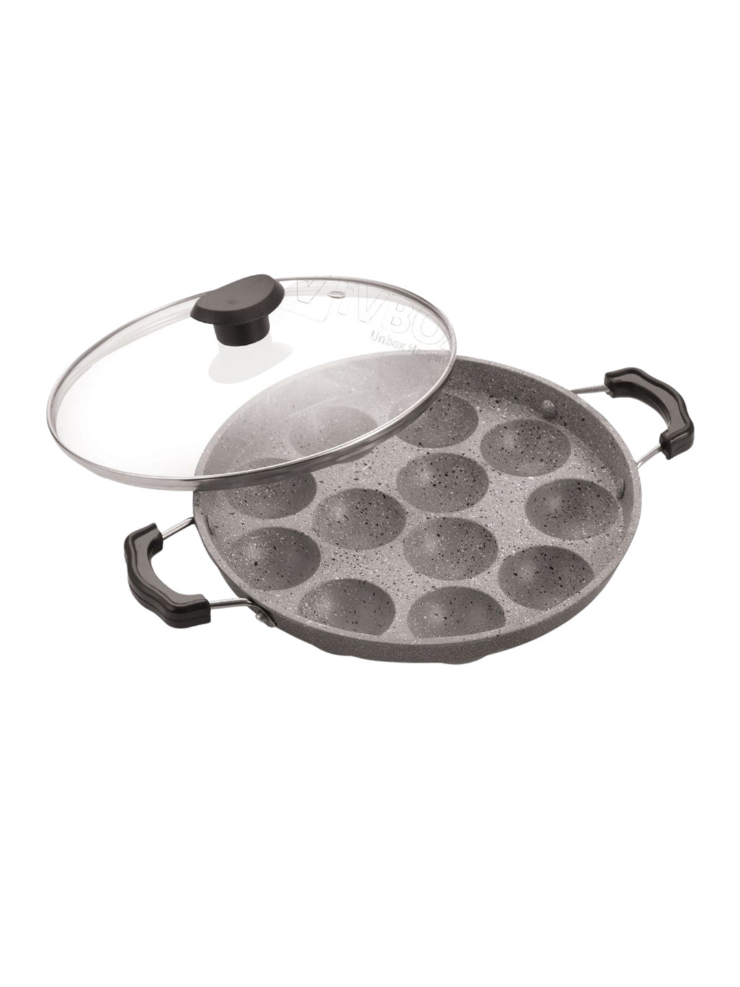 iVBOX Marble-Appam 12-Cavity Grey Aluminum Heavy Base Appam Pan With Glass Lid- 1L