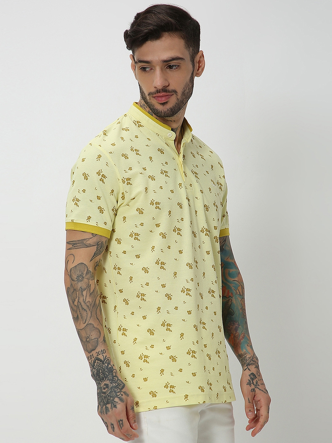 Mufti Floral Printed Henley Neck Short Sleeves Slim Fit T-shirt
