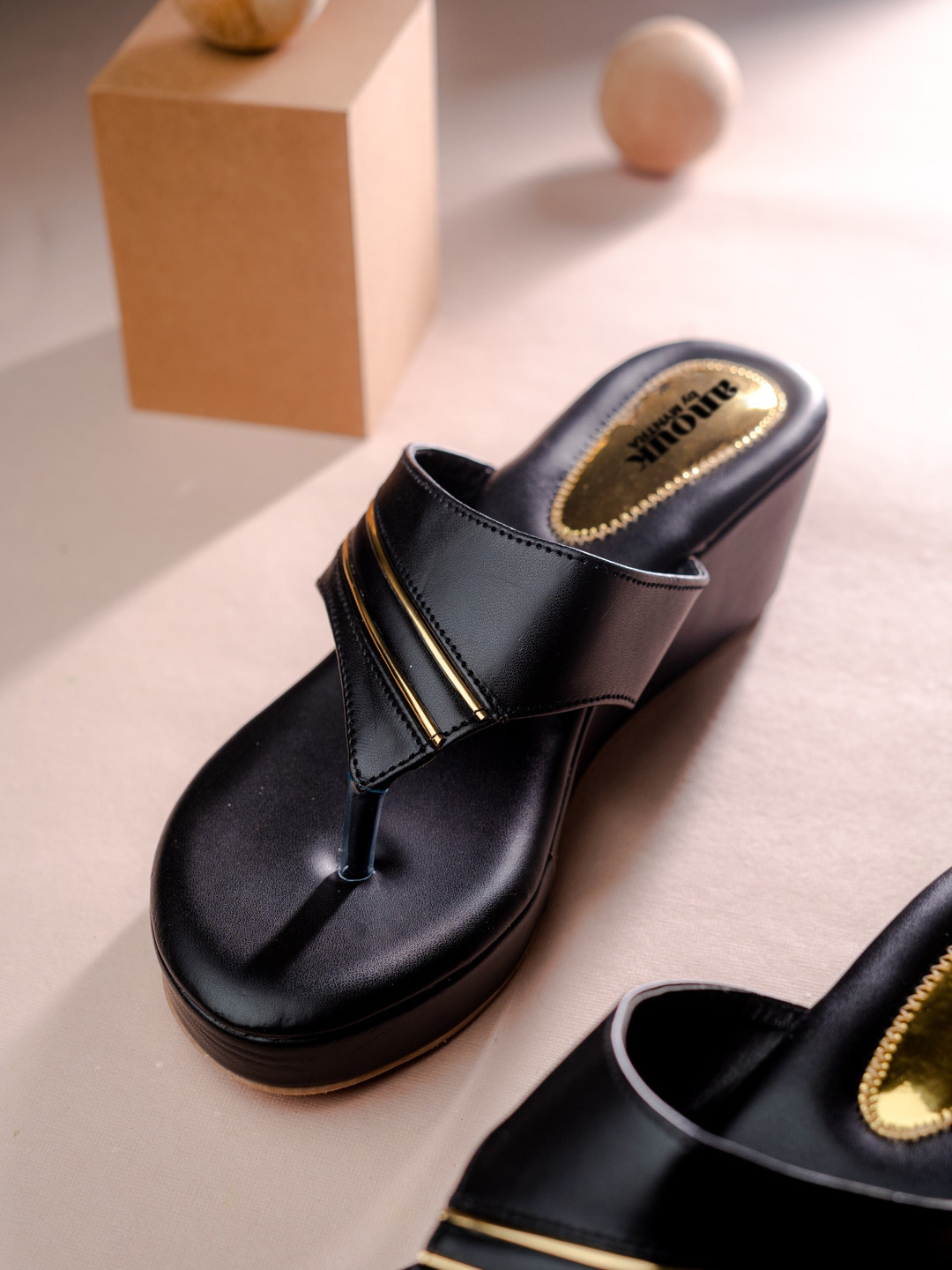 Anouk Black And Gold-Toned Striped Wedge Heels