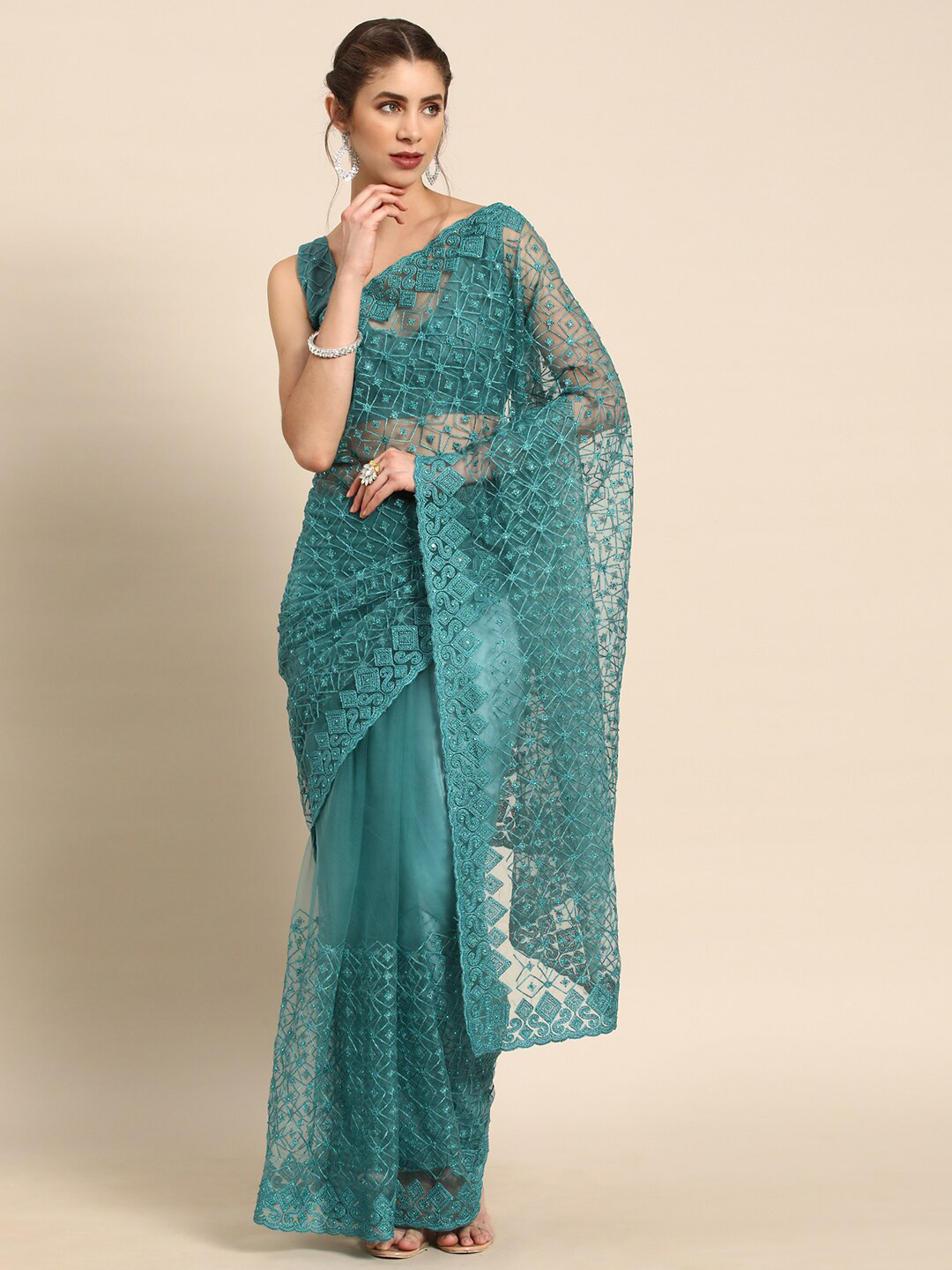 all about you Blue Floral Embroidered Net Saree