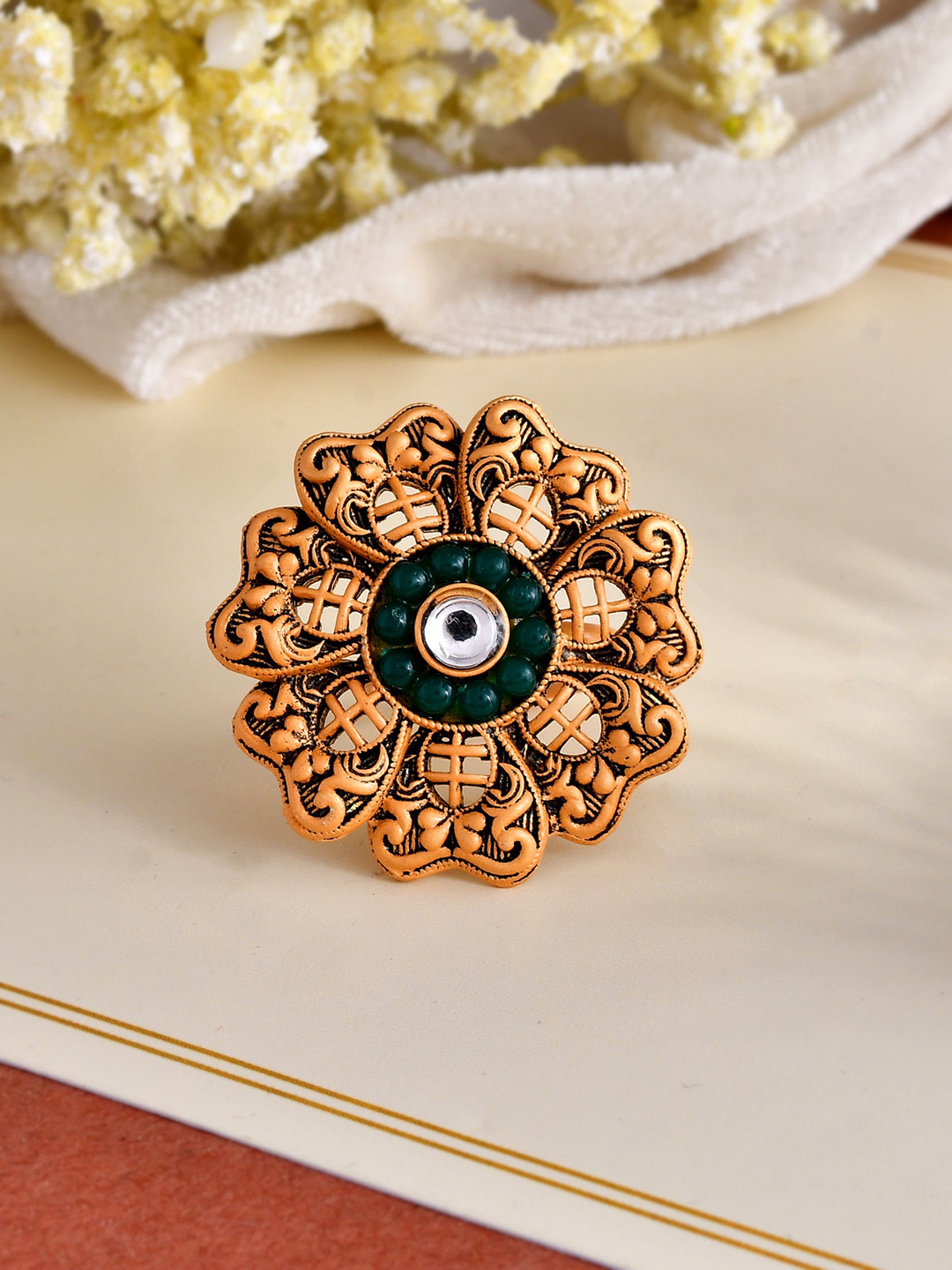 Silvermerc Designs Gold-Plated & Stone-Studded Floral South Indian Adjustable Finger Ring